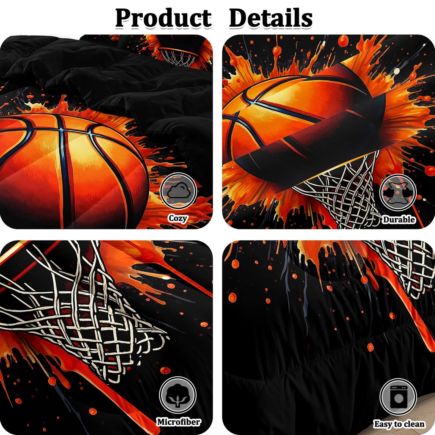 HICAND 5 Pcs Basketball Full Bedding Set for Boys Teens, Full Size Sports Cool Basketball Boys Comforter Set with Sheets