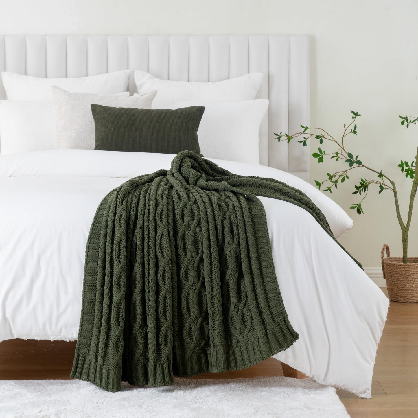 Battilo Olive Green Throw Blanket for Couch, Chunky Cable Knit Blanket, Woven Soft Cozy Chenille Throw Blanket for Bed, Sofa, Chair, Living Room, 51"x67"