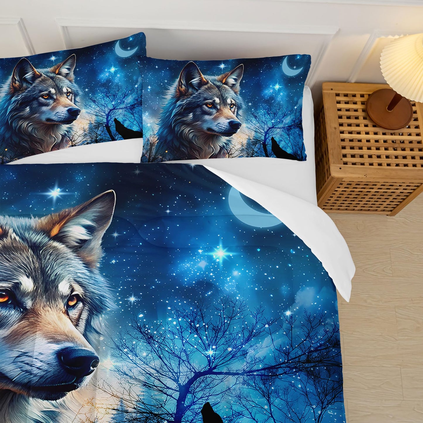 lneffble Wolf Comforter Set Twin for Boys Girls,Wolf Night Moon Galaxy Bed Set,Woodland Wild Animals Theme Comforter Set with 2 Pillowcase,Rustic Blue Black Bedding Set for Bedroom Decor