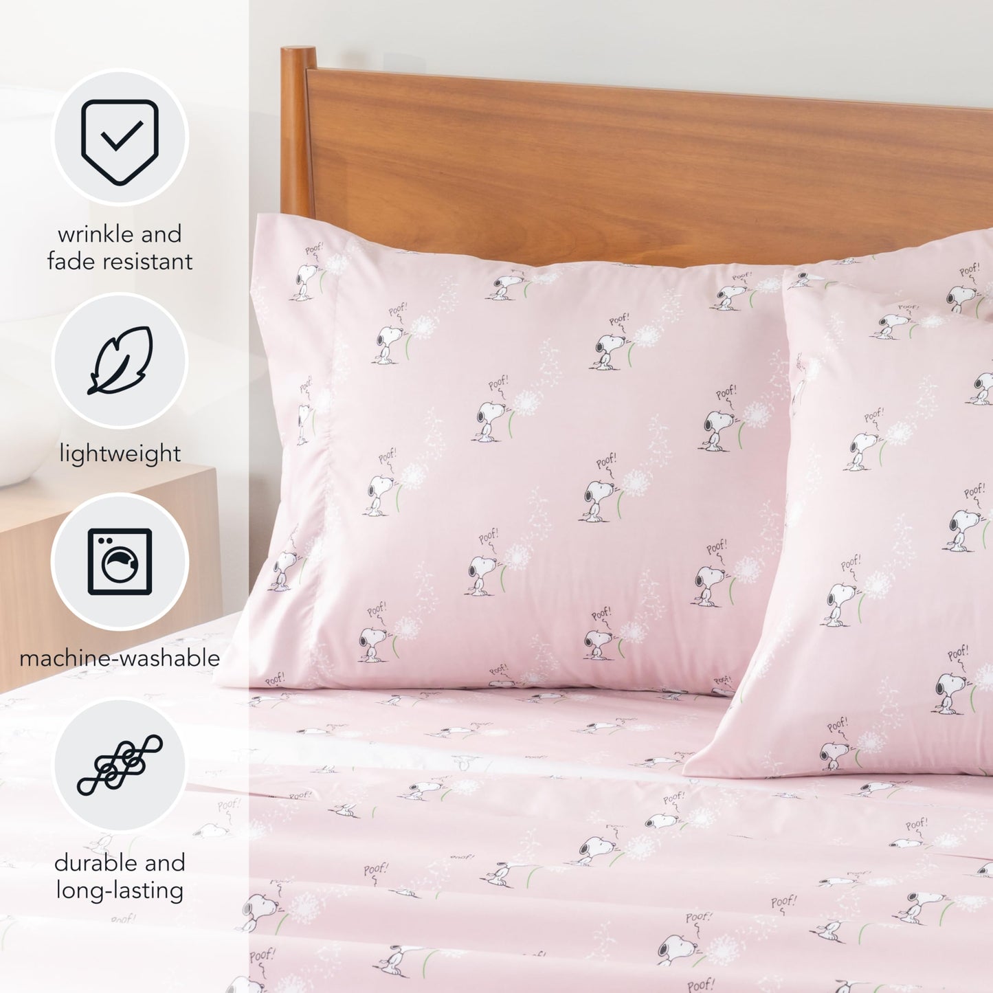 Berkshire Blanket Peanuts® Kids Sheet Set, Full Size - 4 Pieces, Peanuts® Snoopy Make A Wish Sheet Scale Spring Pink, Cute Character Snoopy Printed Soft Microfiber Bed Sheets