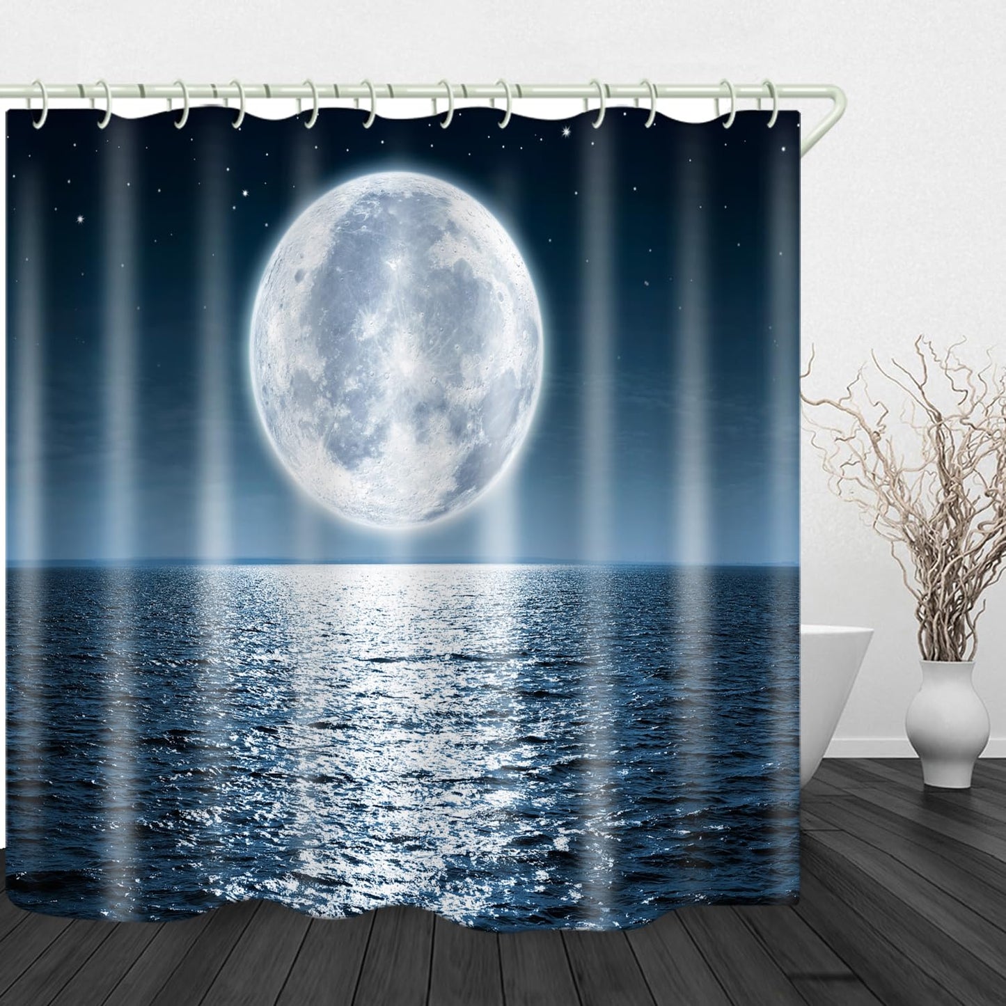 LYFANS Bathroom Equipped Wwith 3D Sea Moon Decorative Shower Curtain, Fabric Shower Curtains with 12 Shower Curtain Hooks, Bathtub Curtains, 72x72 Inch Waterproof Shower Curtains