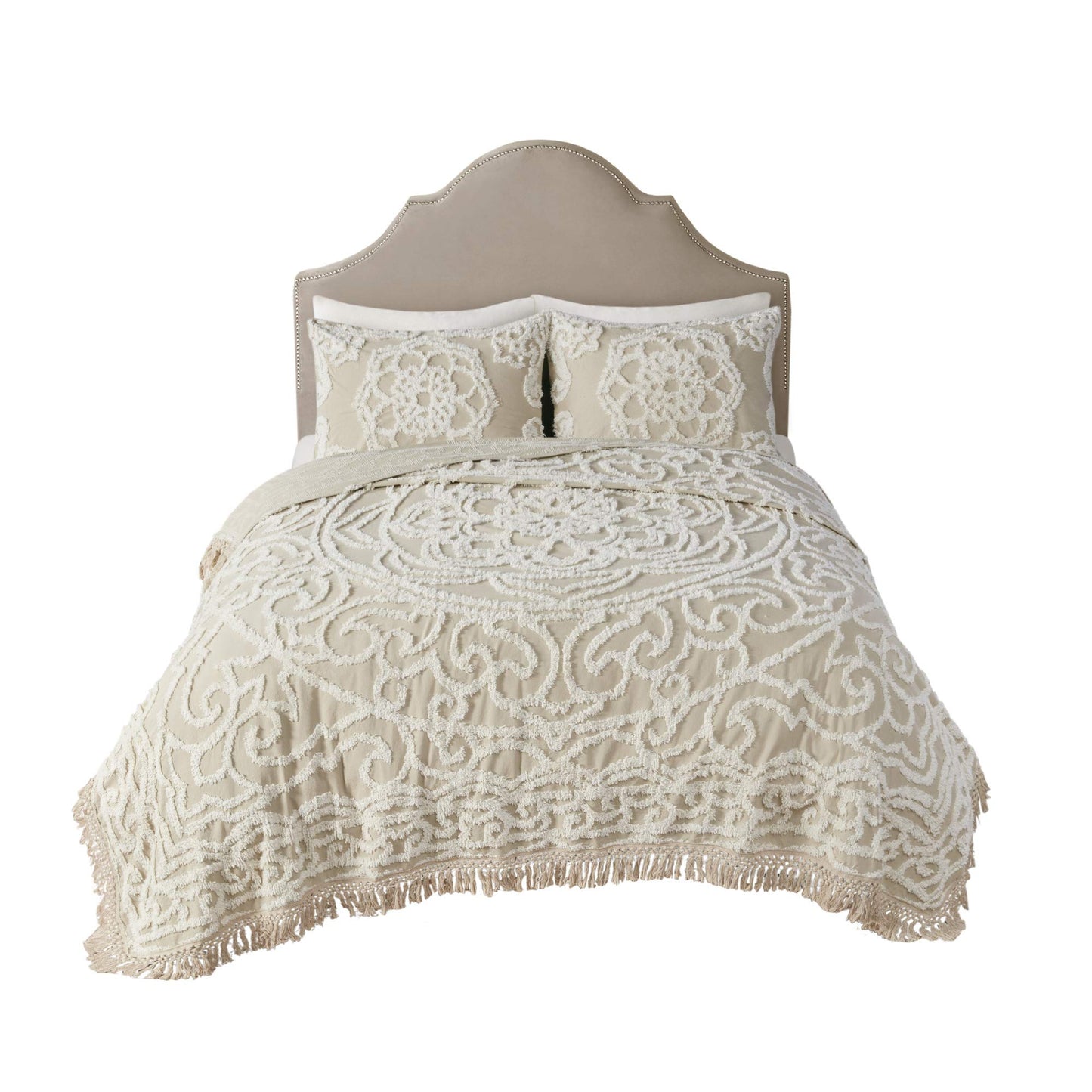 Madison Park Laetitia Lightweight 100% Cotton Quilt Set, Breathable Chenille Tufted, Shabby Chic Boho Medallion Design, Sham, Floral Taupe w/ Tassels, Full/Queen-2 Piece
