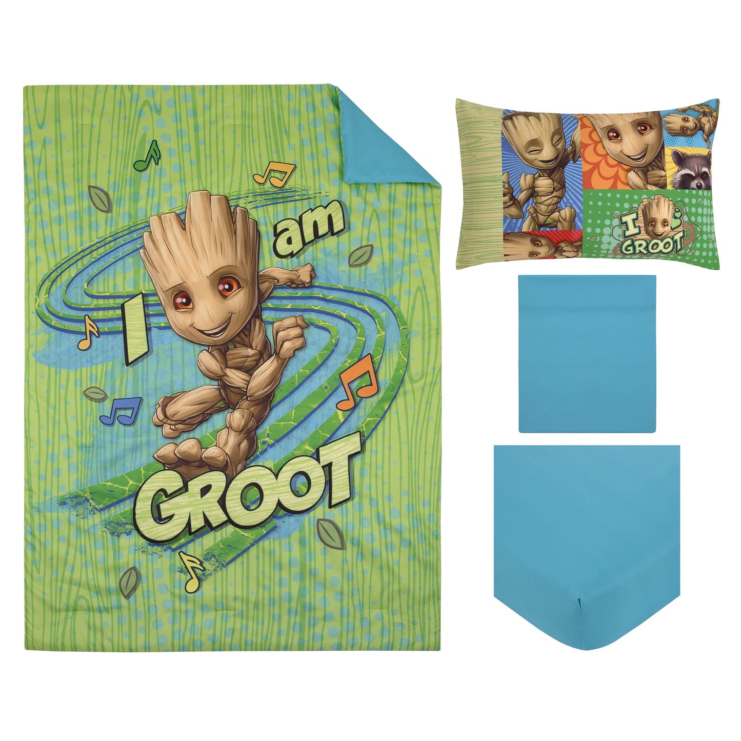 NoJo Marvel Guardians of The Galaxy I Am Groot Green and Blue 4 Piece Toddler Bed Set - Comforter, Fitted Bottom Sheet, Flat Top Sheet, and Reversible Pillowcase