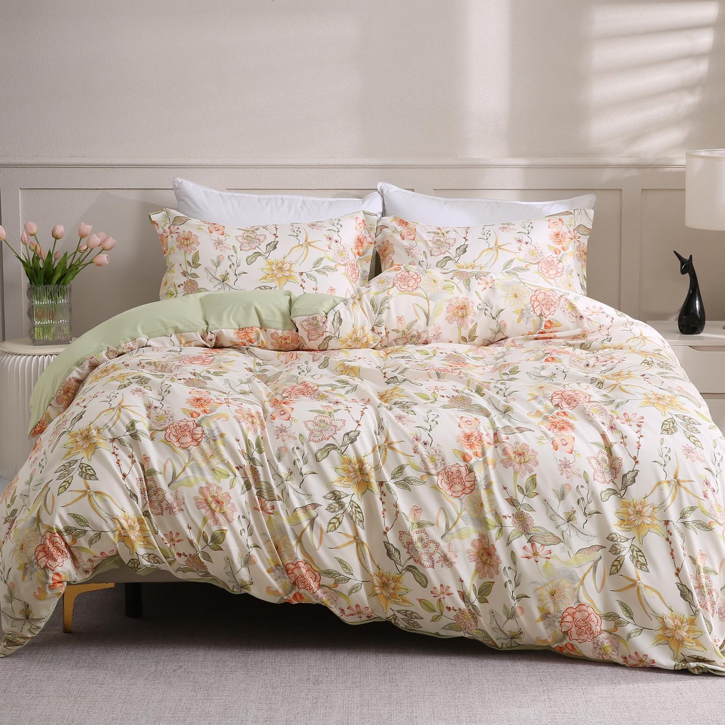 LONAVA Queen Floral 3 Pcs Duvet Cover Set, Breathable Soft Microfiber Glass Green Lining Comforter Cover with Zipper Closure, and 2 Anti-Pilling, Fade Resistant Pillowcases, Fall Floral