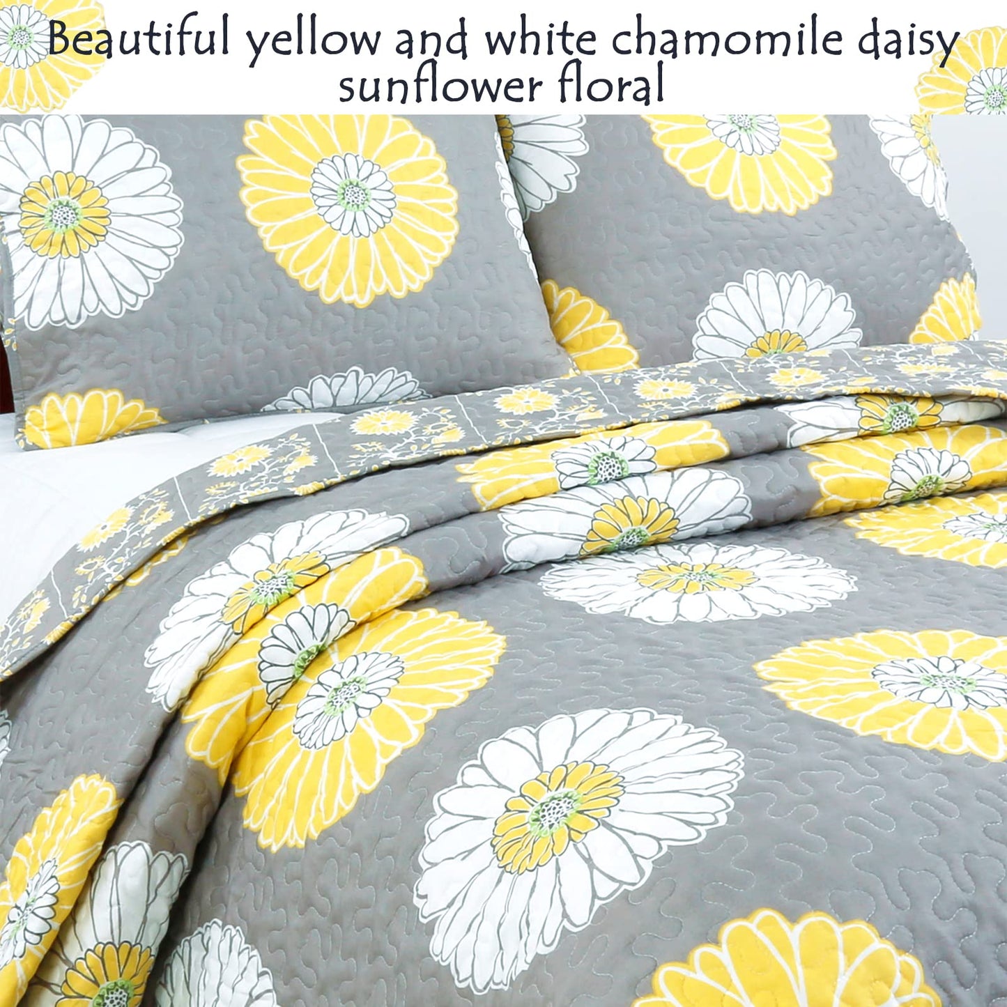Cozy Line Home Fashions Yellow White Gray Daisy Sunflower Floral Reversible Quilt Bedding Set, Bedspread, Coverlet Lightweight for All Seasons (Sunflower, King - 3 Piece)