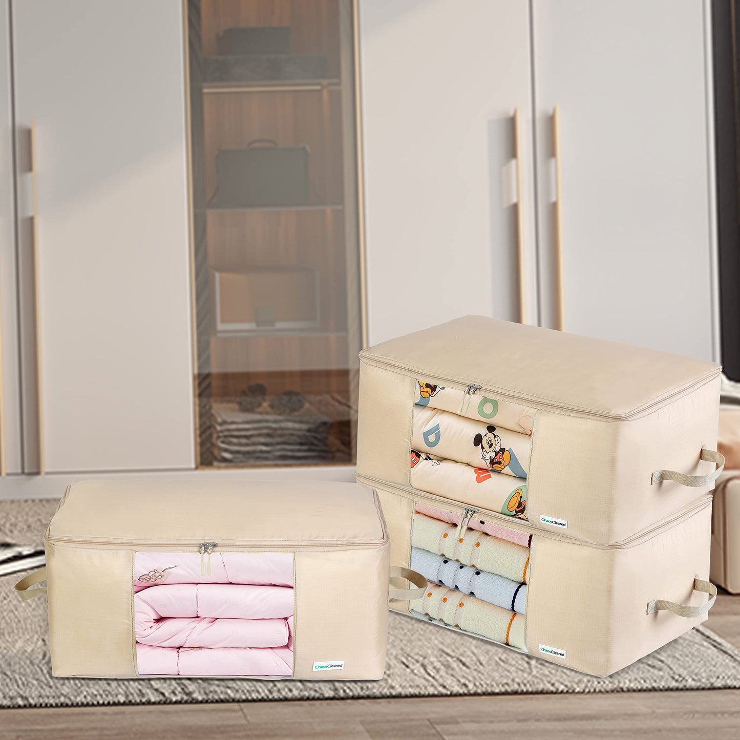 Comforter Storage Bag - Folding Organizer bag for King/Queen Comforters, Pillows, Blankets, Bedding/Quilt, Blanket, Duvet, Large Collapsible Organizers, 24"x14"x11" (Beige, 1-Pack)