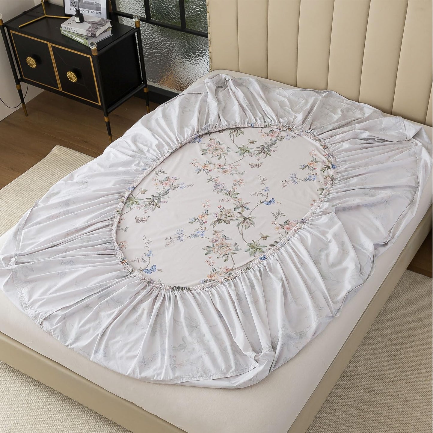 FADFAY Queen Size Sheets Set – 4 Pieces Percale Cotton Deep Pocket Fitted Sheet, Crisp, Breathable & Soft, Country Style Floral & Butterfly Pattern Bedding for All Seasons