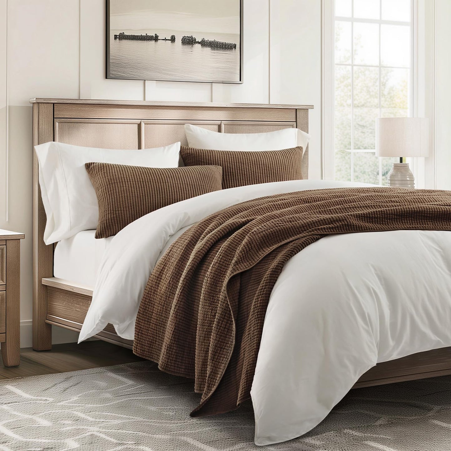 EVERGRACEHOME Cotton Coverlet Set King Size 3 Pieces, Lightweight Soft Ribbed Matelassé Bedspread Quilt Set, Cozy Oversized Quilted Bedding Set with 2 Pillow Shams for All Seasons, Sienna Brown