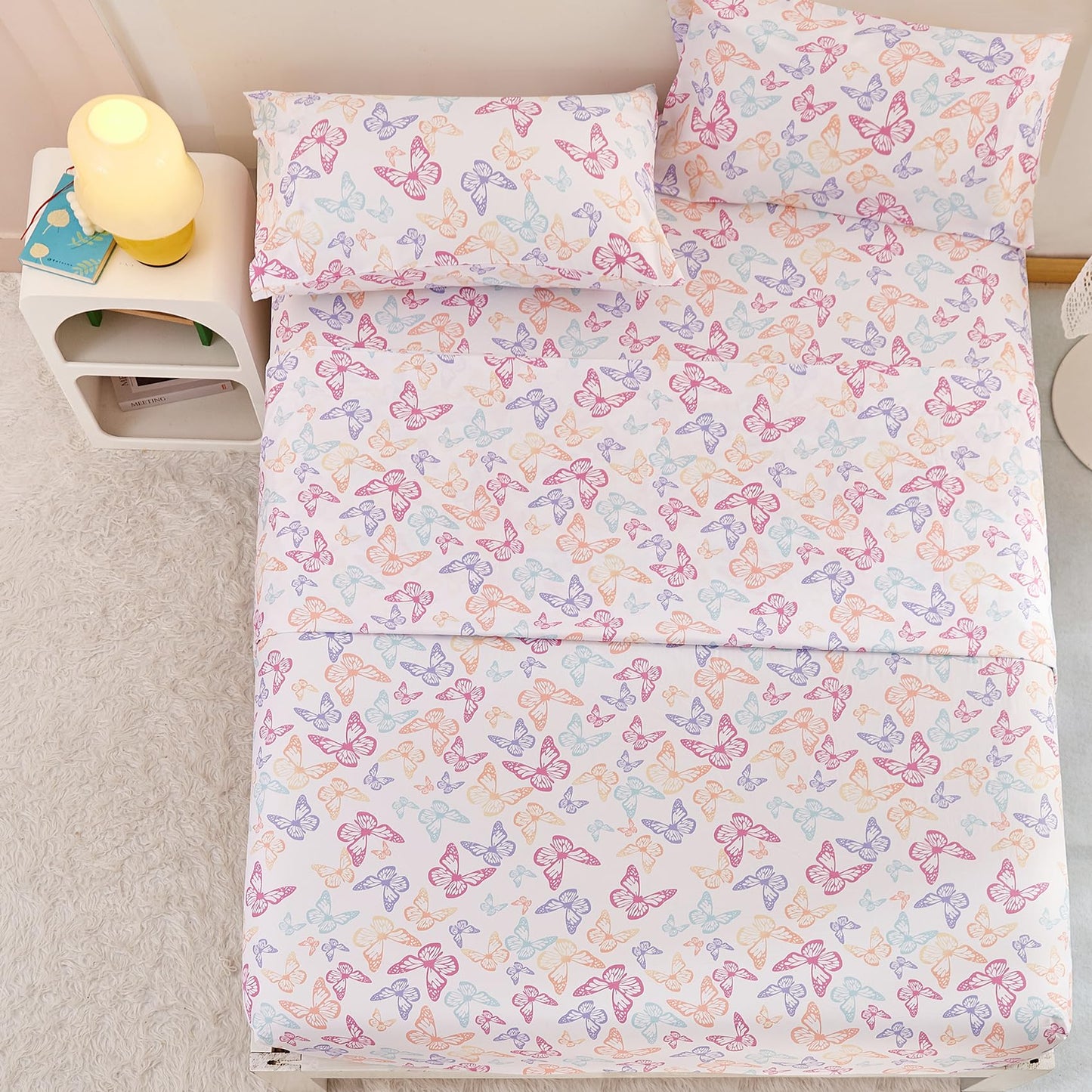 Yibeizi Butterfly Twin Sheets Set for Girls, Kids Cute Bedsheets Microfiber Deep Pocket Bed Sheet & Pillowcase Sets 3 Pieces