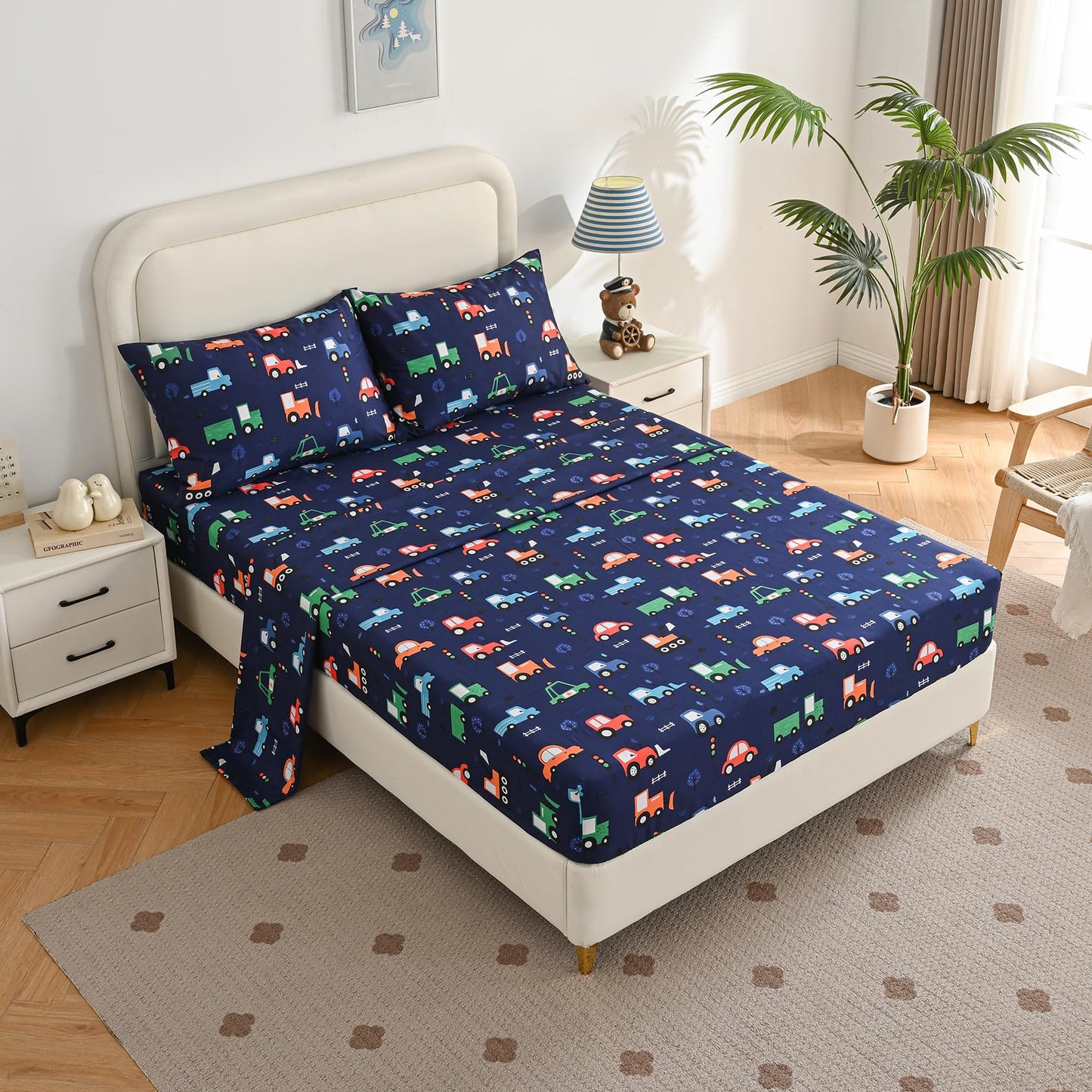 Yibeizi Car Twin Sheets Set for Boys, Kids Cute Bedsheets Navy Blue Microfiber Deep Pocket Toddler Bed Sheet & Pillowcase Sets 3 Pieces
