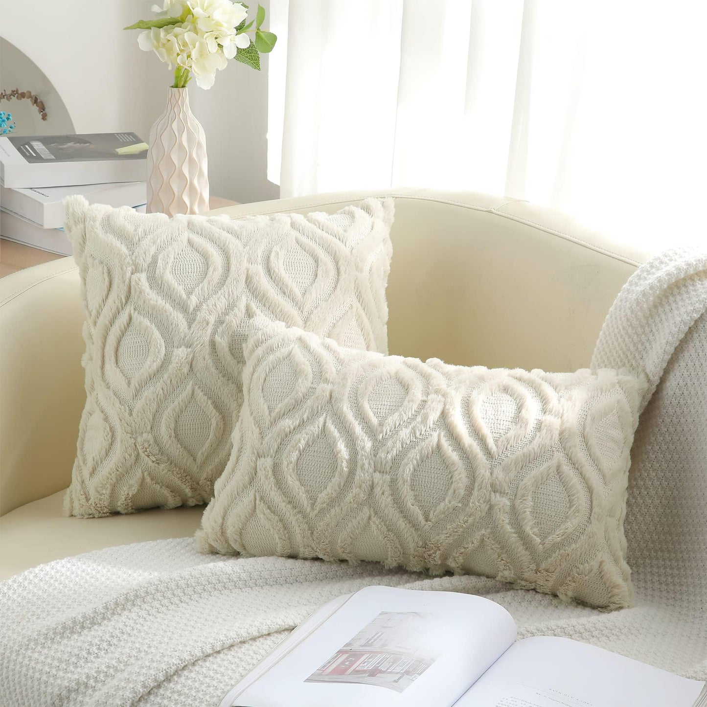 decorUhome Throw Pillow Covers 18x18 Inch Set of 2, Soft Plush Faux Wool Beige Solid Couch Pillow Covers, Accent Farmhouse Neutral Square Pillow Cases for Sofa Bed Living Room