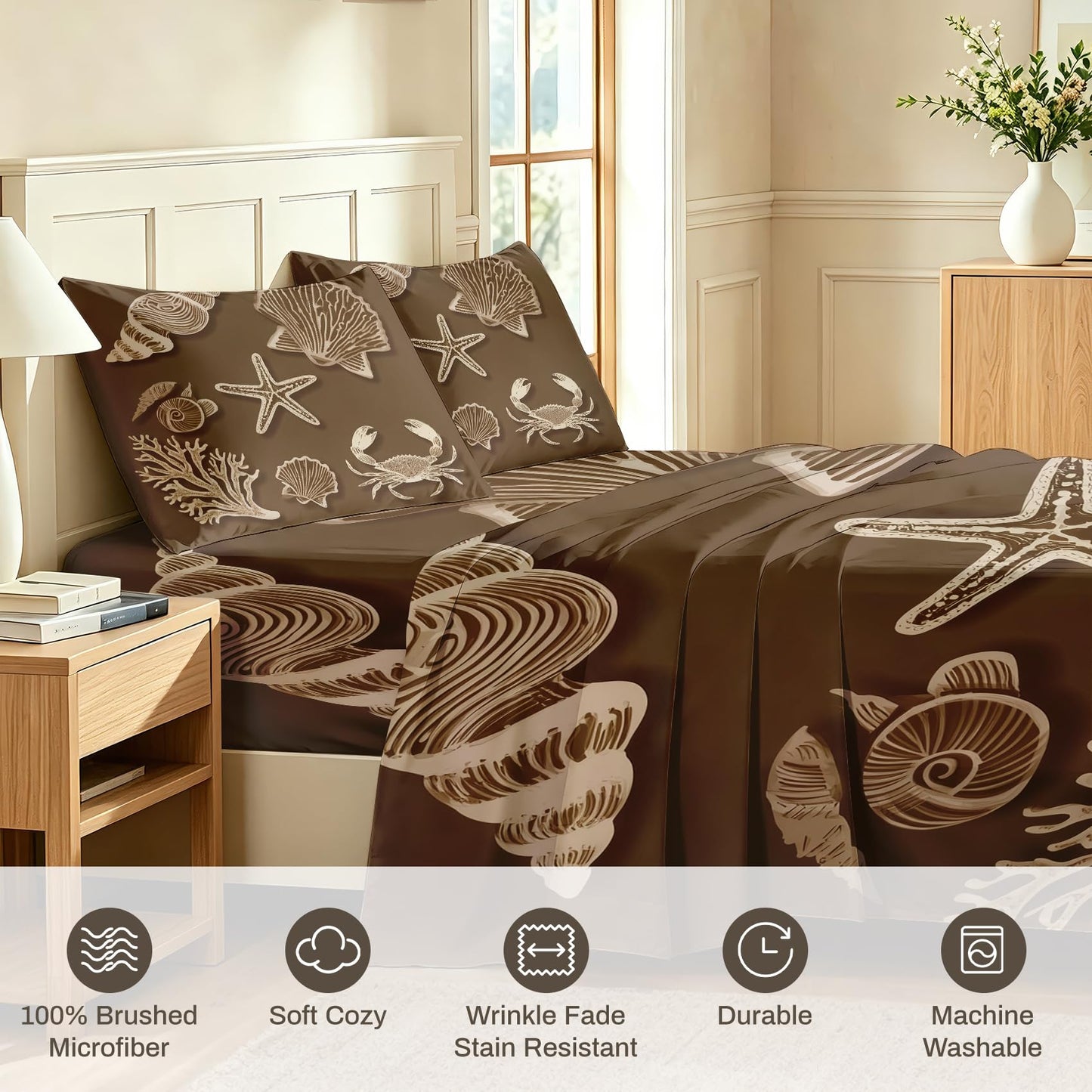 Seashell Full Sheet Set 4 Pcs Brown Coastal Bed Sheets