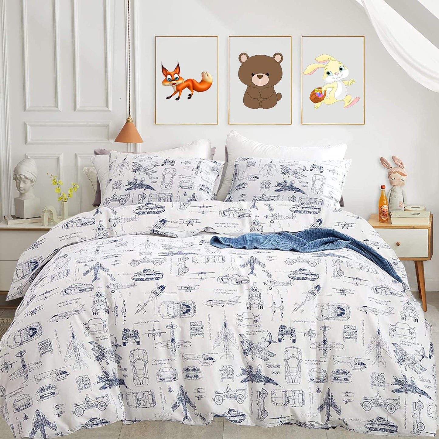 KAREVER Aircraft Comforter Set Full Boys White Cartoon Bedding Set Alternative Comforters Airplane Car Tank Printed White Bedding Blanket Full for Children Teen Boy with Microfiber Inner Insert