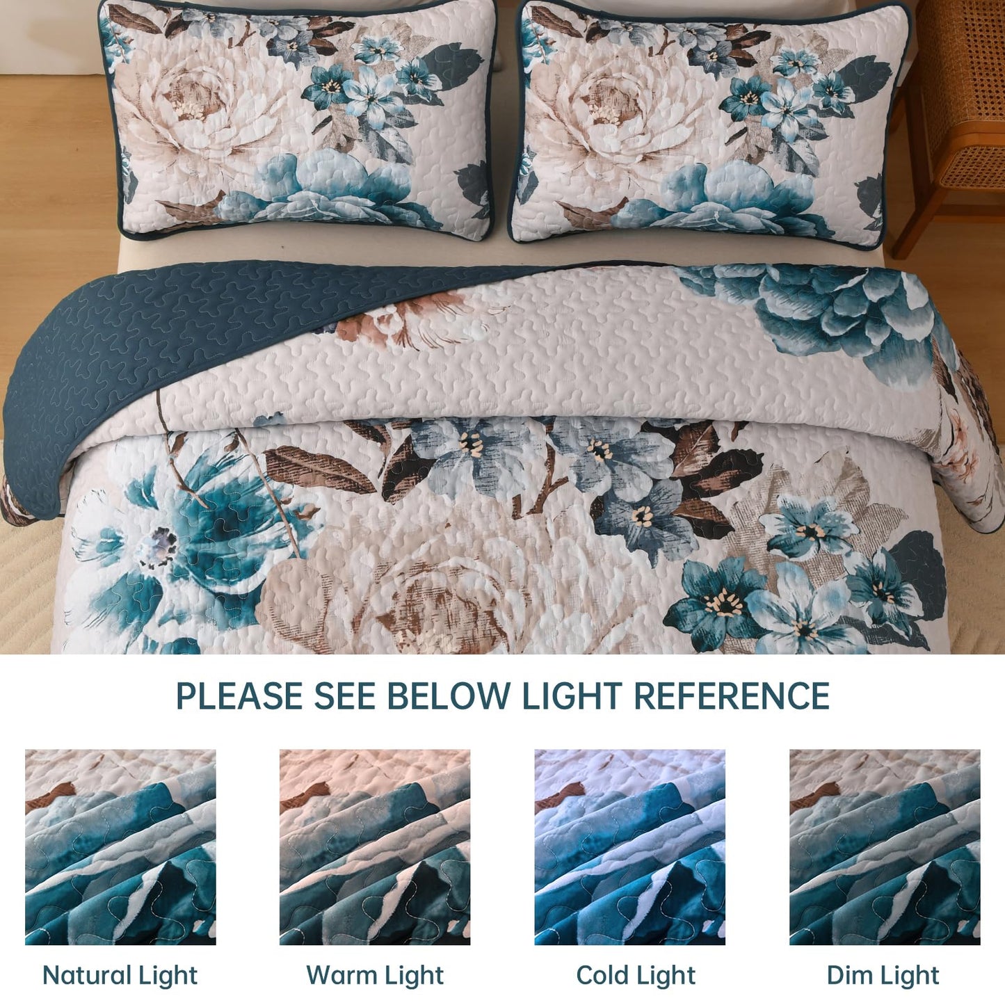WONGS BEDDING Floral Quilt Set Aqua Queen,Quilted Printed Lightweight Bedspread Bedding Set for All Season,3 Pieces Reversible Botanical Plant Coverlet Set with 2 Pillow Shams