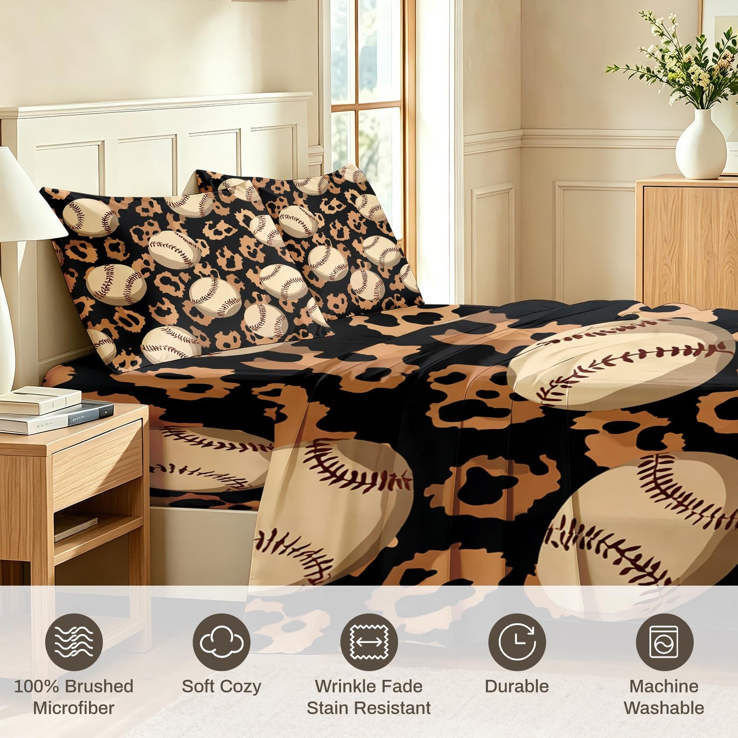Baseball Queen Sheet Set 4 Pcs Boys Sports Bed Sheets, Black