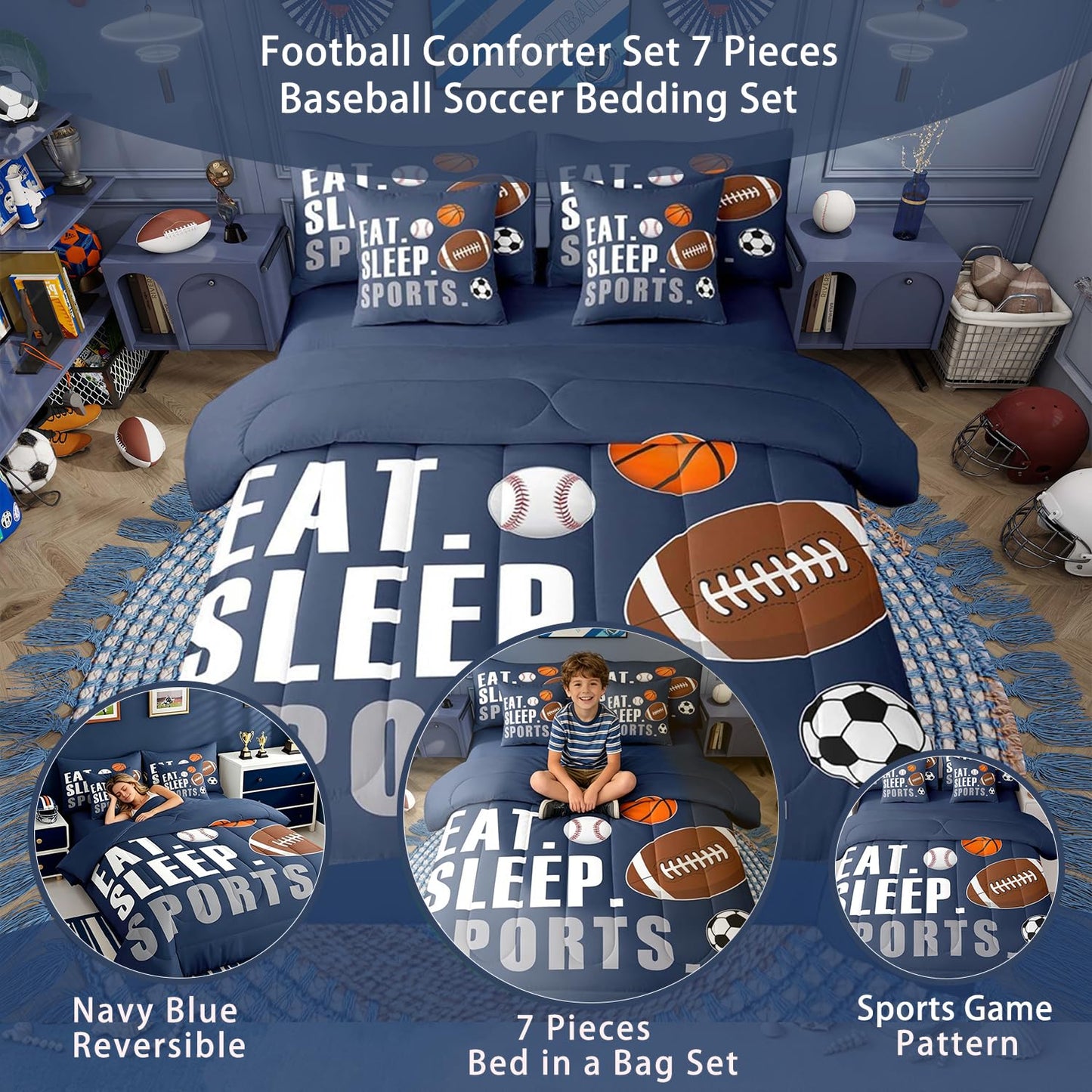 Feelyou Sports Comforter Set 7 Pieces Twin Size Boys Bedding Set Kids Football Basketball Baseball Soccer Bed in A Bag with Sheets, Pillow Covers, Pillowcases, Navy Blue Sports Game Comforter
