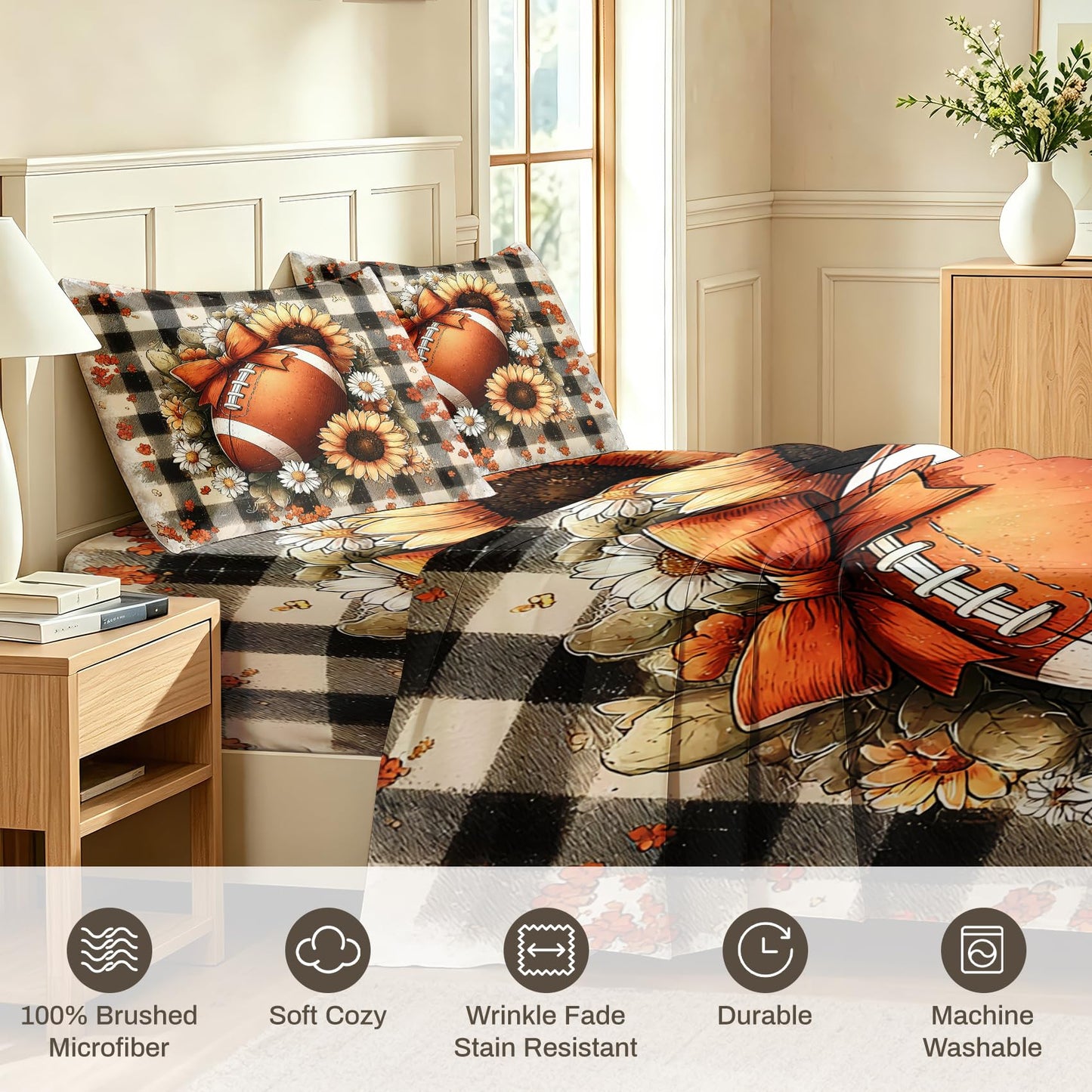 Football Queen Sheet Set 4 Pcs Sunflower Bed Sheets, Brown