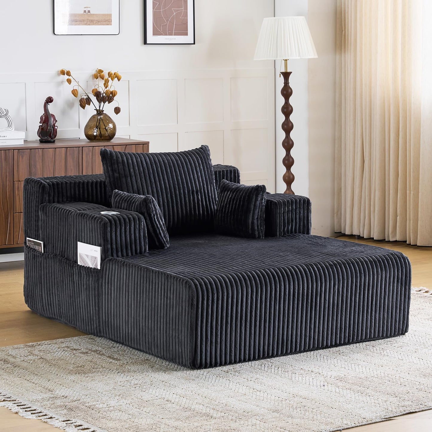 Furnimart 66" Oversized Chaise Lounge Indoor, Upholstered Sofa Bed with 1 Cup Holders & 4 Side Pockets, No Assembly Required Corduroy Reading Chair, Small Couches for Small Spaces, Grey