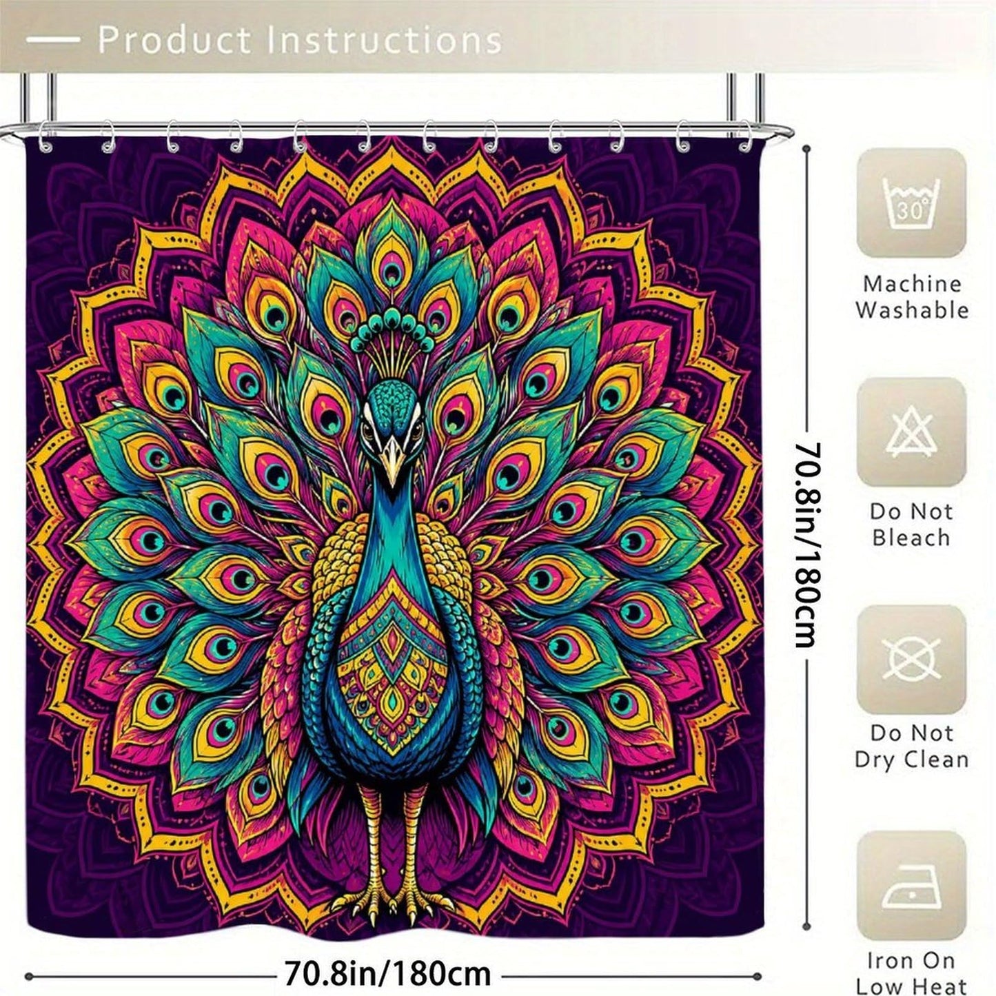 Mandala Shower Curtain Neon Mandala Peacock Bathroom Decor Waterproof Polyester Fabric with Hooks Durable Wrinkle Resistant 70.8x70.8Inch (180x180cm)