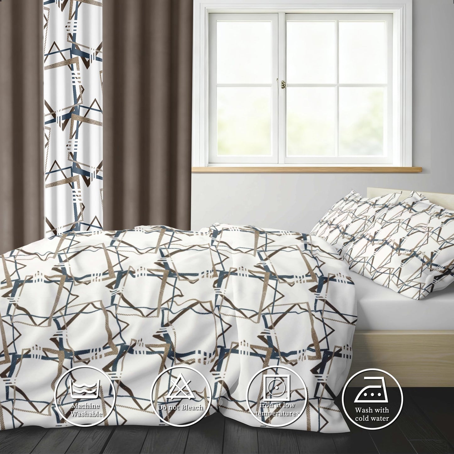 Deepsleep King Bedspread Set 9 Pieces, All Season Luxury Bed in a Bag for Bedroom, with 2 Pillowcases and 6 Curtains, Ultra-Soft Microfiber for Complete Bedroom Decor, Geometric Lines