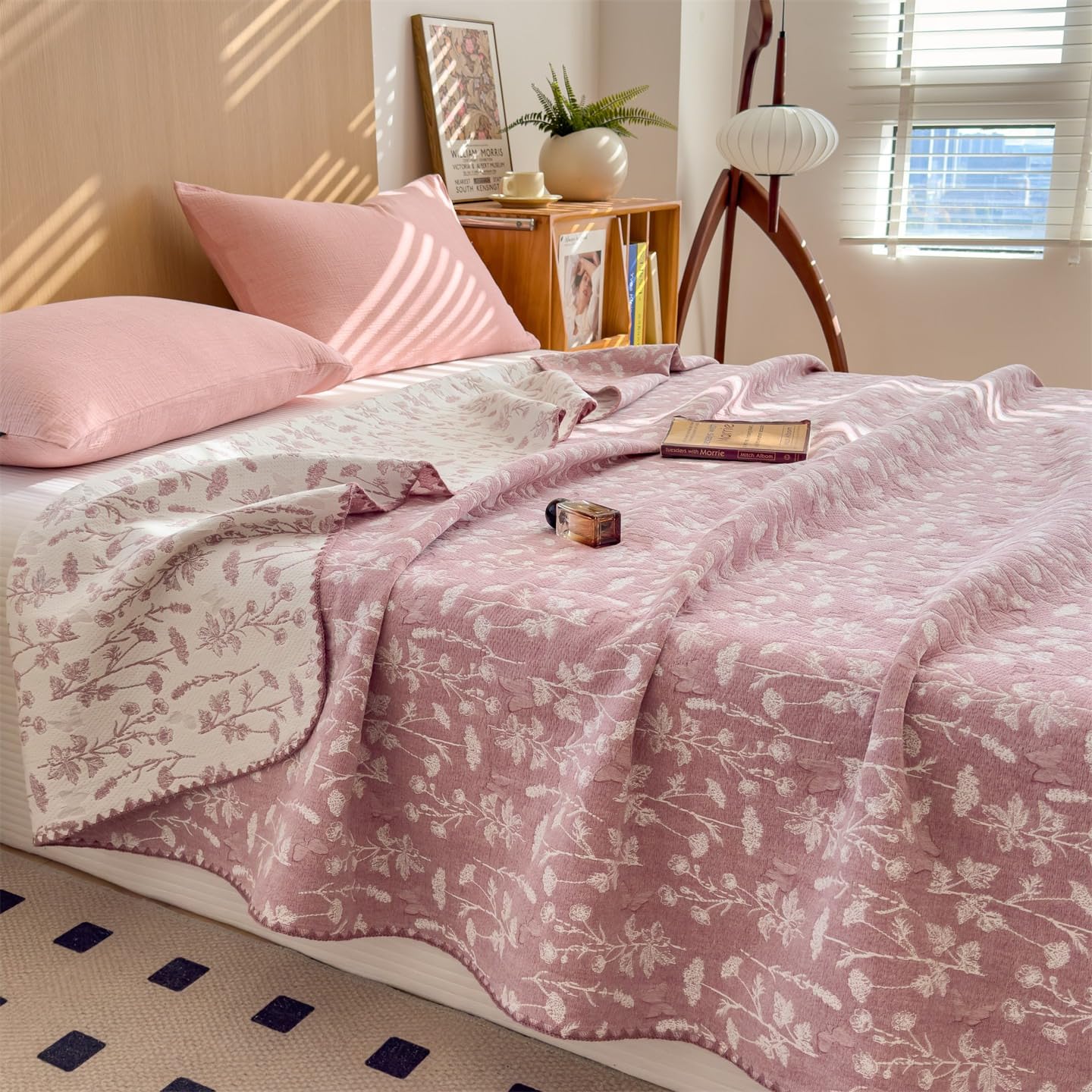 SANACYNA Cotton Muslin Blankets for Adults Leaves Pink Twin Size Quilt 3-Layer Reversible Lightweight Breathable Lap Throw Quilt for Sofa Couch Bed All Season RV (Leaves Pink, Twin 60 x 80 in)