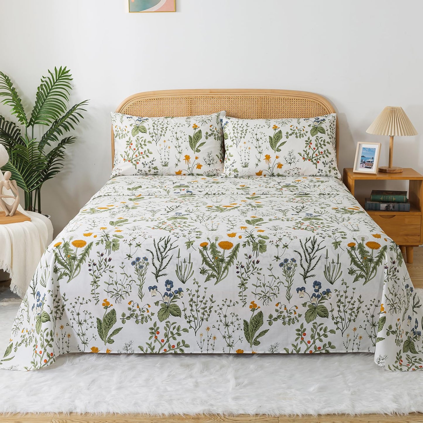 Zusbest Queen Sheet Set 100% Percale Cotton Green Floral Bed Sheet Set Yellow Flower & Green Leaves Botanical Pattern Printed on White Garden Luxury Crisp Soft Deep Pocket Fitted Sheet 17.5'' 4Pcs