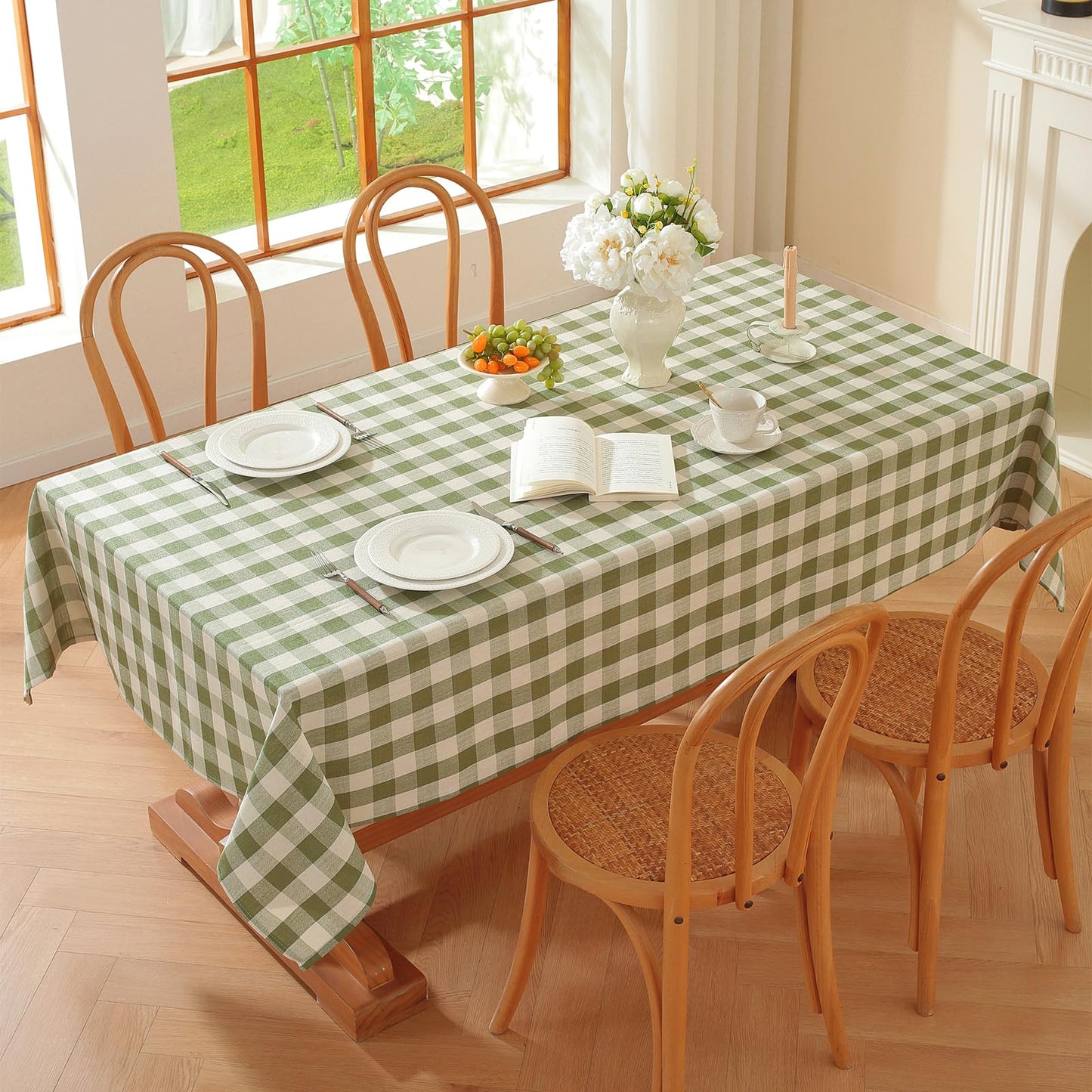 gillhov Gingham Tablecloth Rectangle Checkered Table Cloth Cotton Linen Fabric Wrinkle Free Washable Buffalo Plaid Table Cover for Kitchen Dining Picnic Camping, Green and White, 55 * 55 inch