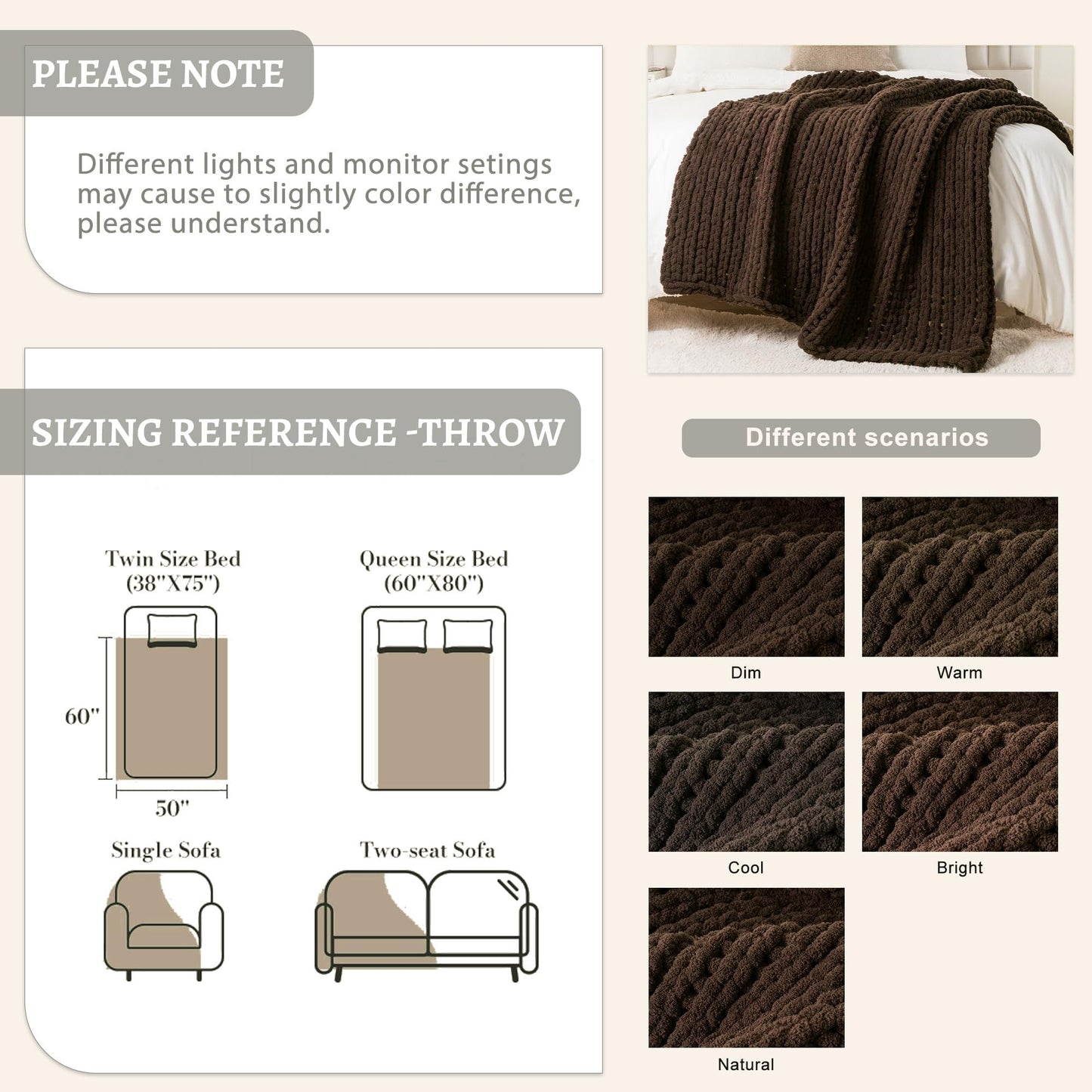 Battilo Brown Chunky Knit Throw Blanket, Soft and Thick Chenille Throw Blanket, 50"x60" Handmade Cable Knit Crochet Blanket, Knot Throw Blankets for Couch Sofa Bed Home Decor (Brown, 50"x60")