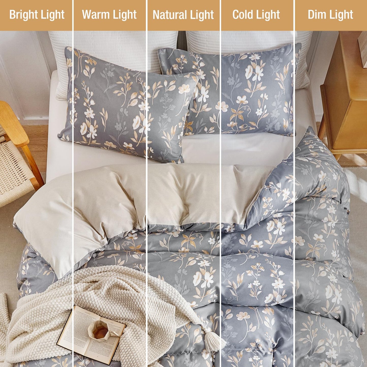Lekesky King Duvet Cover Set, Gold Floral Duvet Cover King Size, 3 Pieces Grey Bedding Sets with Zipper, Ultra Soft Microfiber Reversible King Size Comforter Cover with 2 Pillowcases 20"x36"