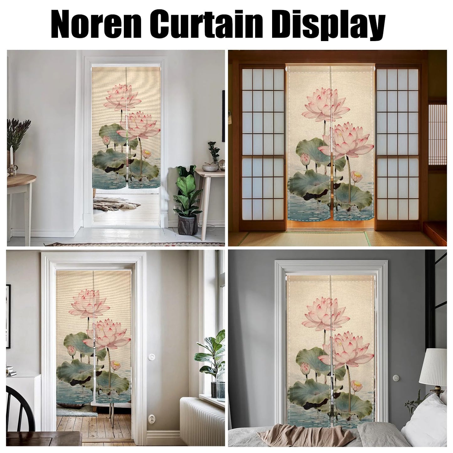 Leowefowa Long Style Noren Japanese Doorway Curtain Traditional Lotus Printed Window Treatment Fengshui Door Curatin Tapestry for Wall Hanging Room Divider Kitchen Home Decor Gift, 33.5"x 70.9"