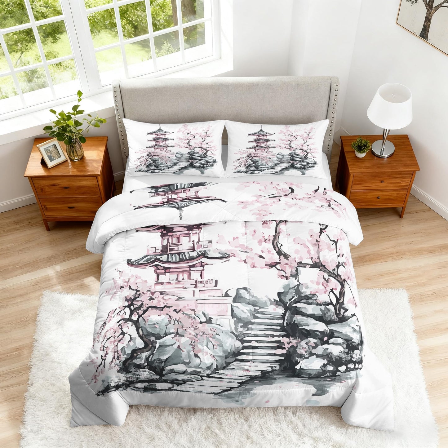 ZDABAOEC Japanese Twin Comforter Set 2 Piece, 1 Pillow Sham, Chinese Oriental Asian Style Reversible Down Alternative All Season Bedding, Soft Microfiber, Japanese Bedroom Decor