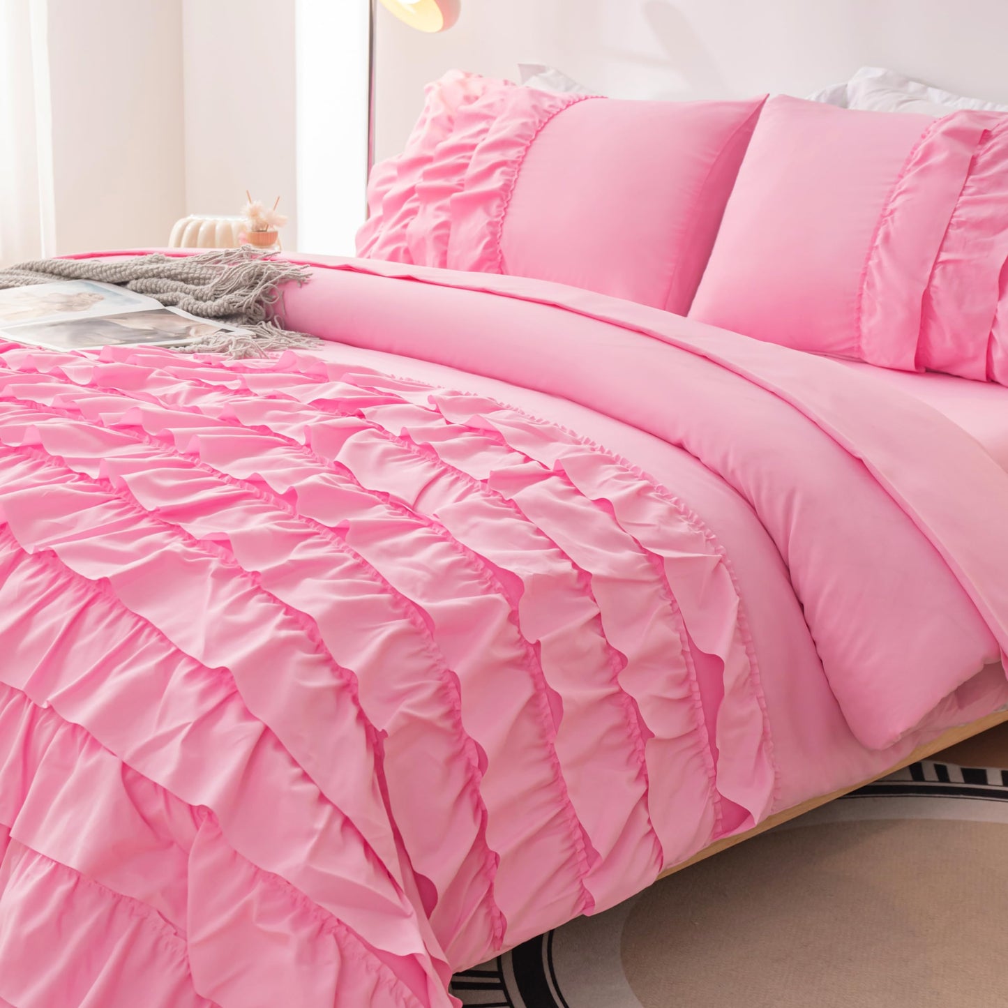 Yadangxiawa Pink Comforter Set Twin, 5-Piece Bed in a Bag Twin for Teen Girls, Pink Ruffle Bedding Set for Girls Kids, Teen Girl Bedding Sets,Princess Dress Comforter for All Season