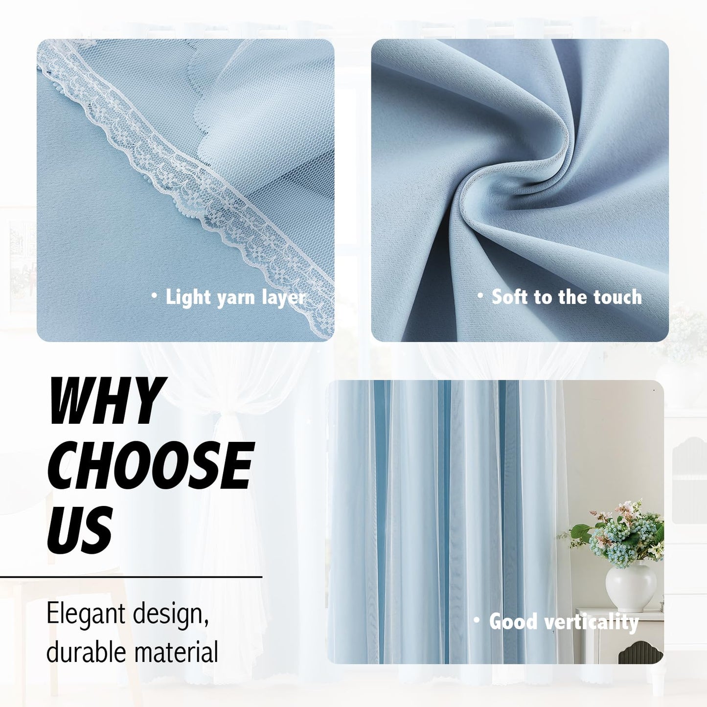 Anytime Home Curtains Blackout and Sheer Layered Solid Window Curtain Panel Pair with Grommet Top, 35Wx90L,Sky Blue
