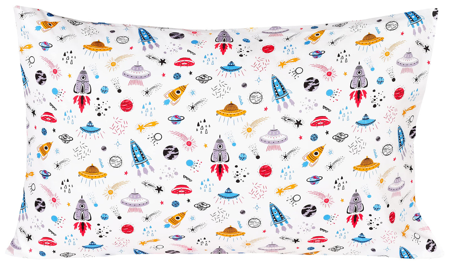 Scientific Sleep Planet Spaceship Rocket in Universe Cotton Cozy Twin Bed Sheet Set, Flat Sheet & Fitted Sheet & Pillowcase Natural Bedding Set (Space, Twin)
