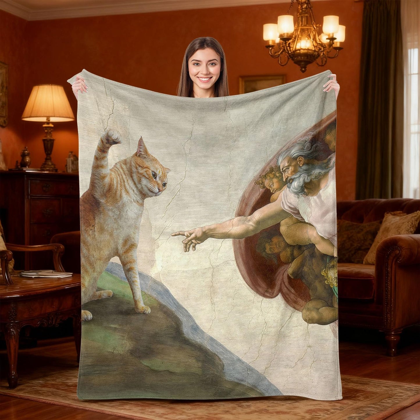 kampdream Funny Cat Art Flannel Blanket, Michelangelo Parody with Orange Cat, Super Soft and Warm Blanket for Couch Sofa Living Room Ideal Gift Beige 50×60 inch