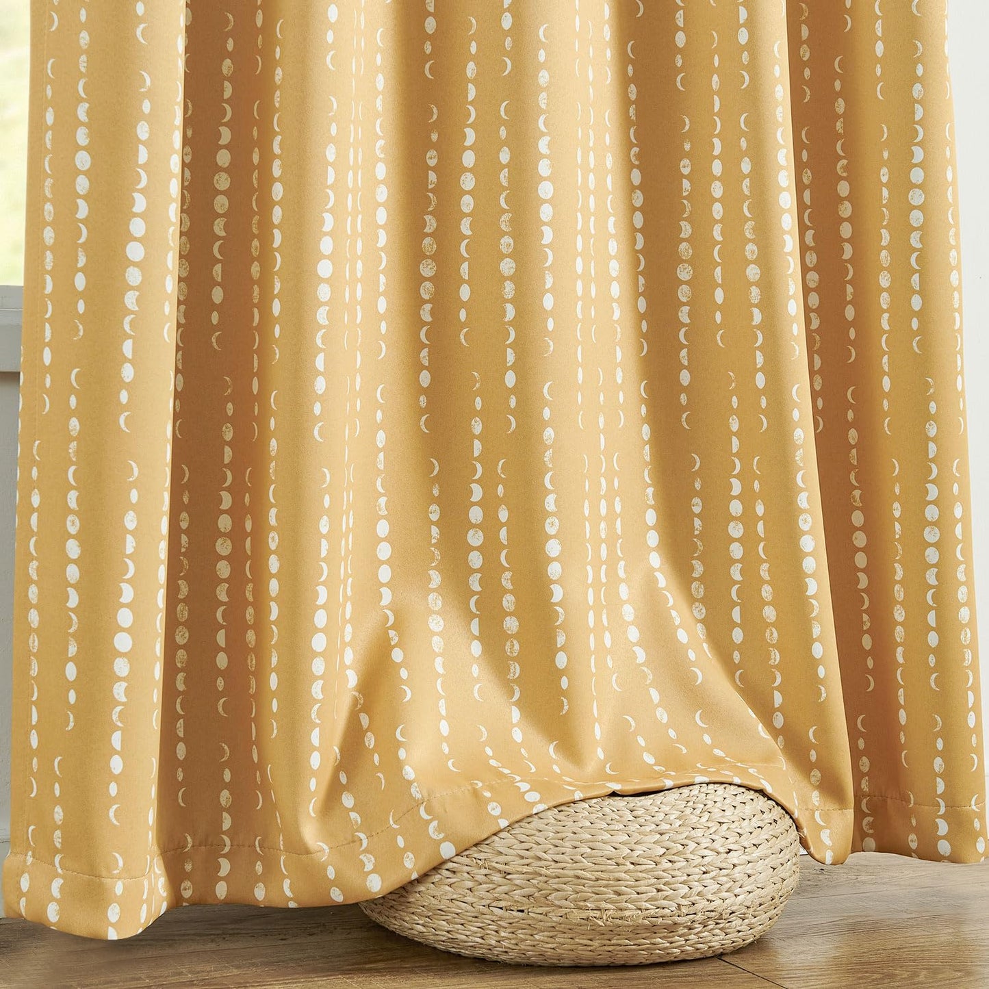 jinchan 95% Blackout Boho Curtains 63 Inch Length Moon Phases Printed Drapes Rod Pocket Thermal Insulated Curtains for Bedroom Nursery Mustard Yellow Window Drapes Curtain Set 2 Panels
