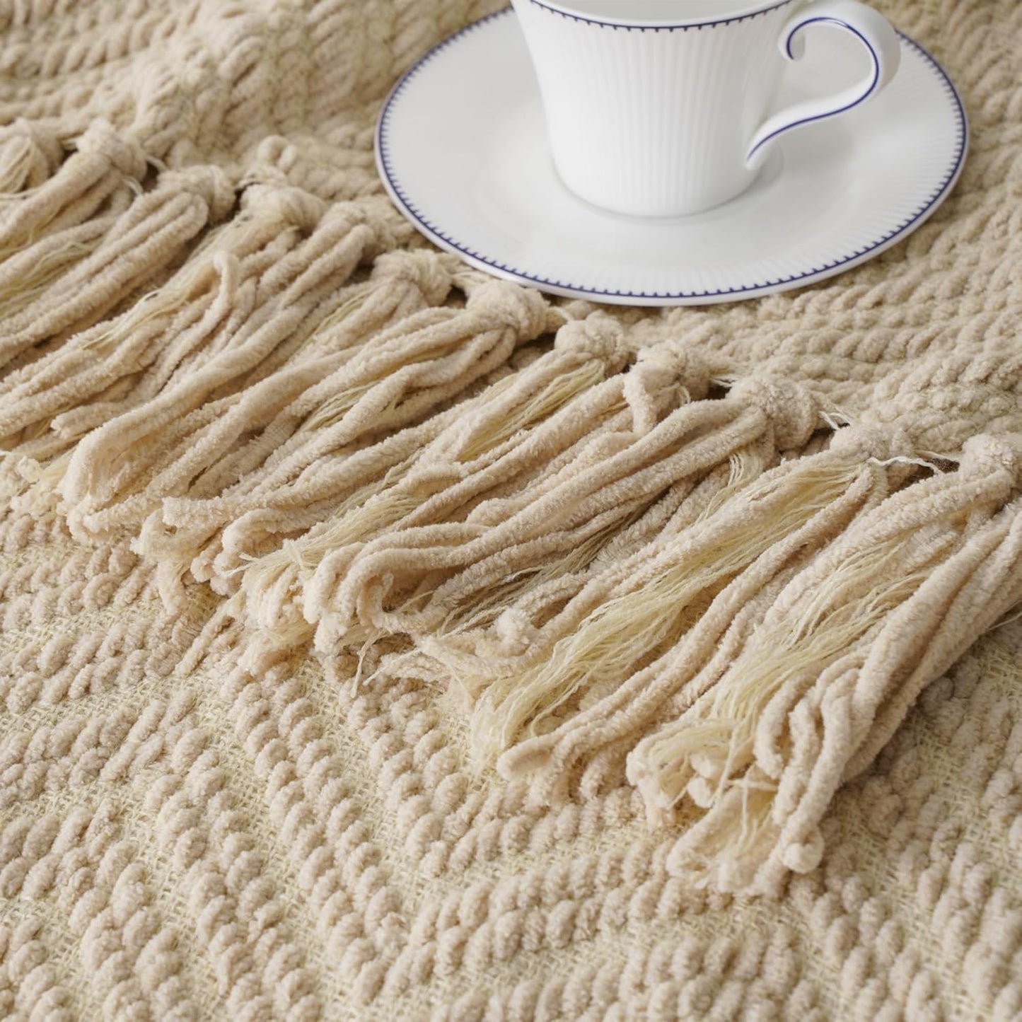 BATTILO HOME Beige Throw Blanket for Couch, Knitted Beige Throw for Bed, Neutral Throw Blankets Tan Throw Blanket for Room Decor Housewarming Gifts, 50" x 60"