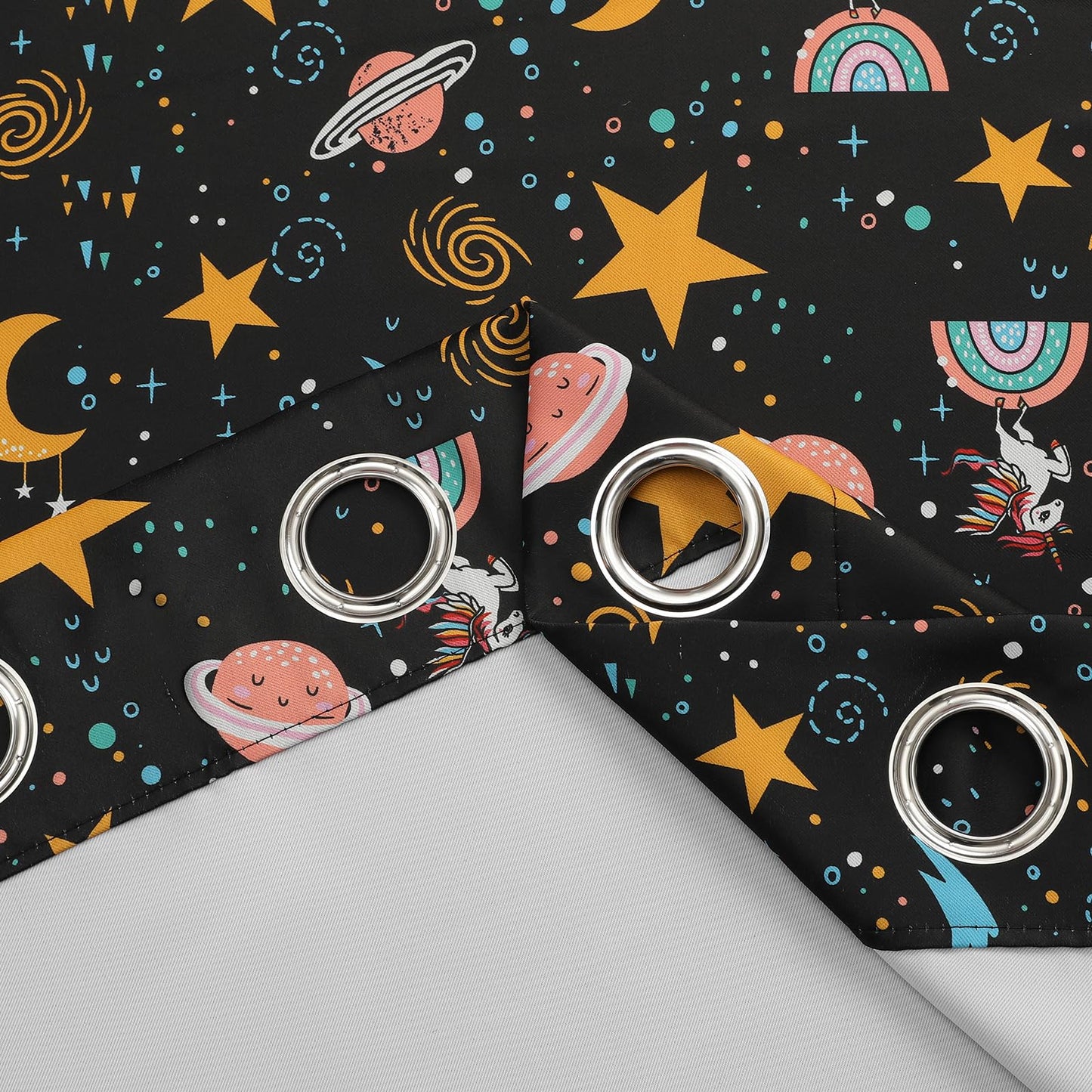 Estelar Textiler Unicorn Planet Printed Black Blackout Curtains 63 Inch Long for Nursery, Thermal Insulated Room Darkening Star and Moon Grommet Window Drapes for Kids Bedroom(38"W x 63"L, 2 Panels)