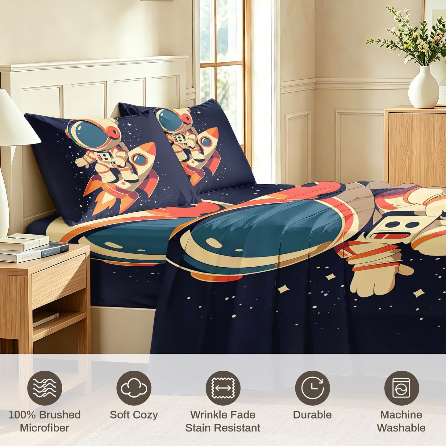 Astronaut Queen Sheet Set Kids Rocket Ship Flat Fitted Sheet Sets