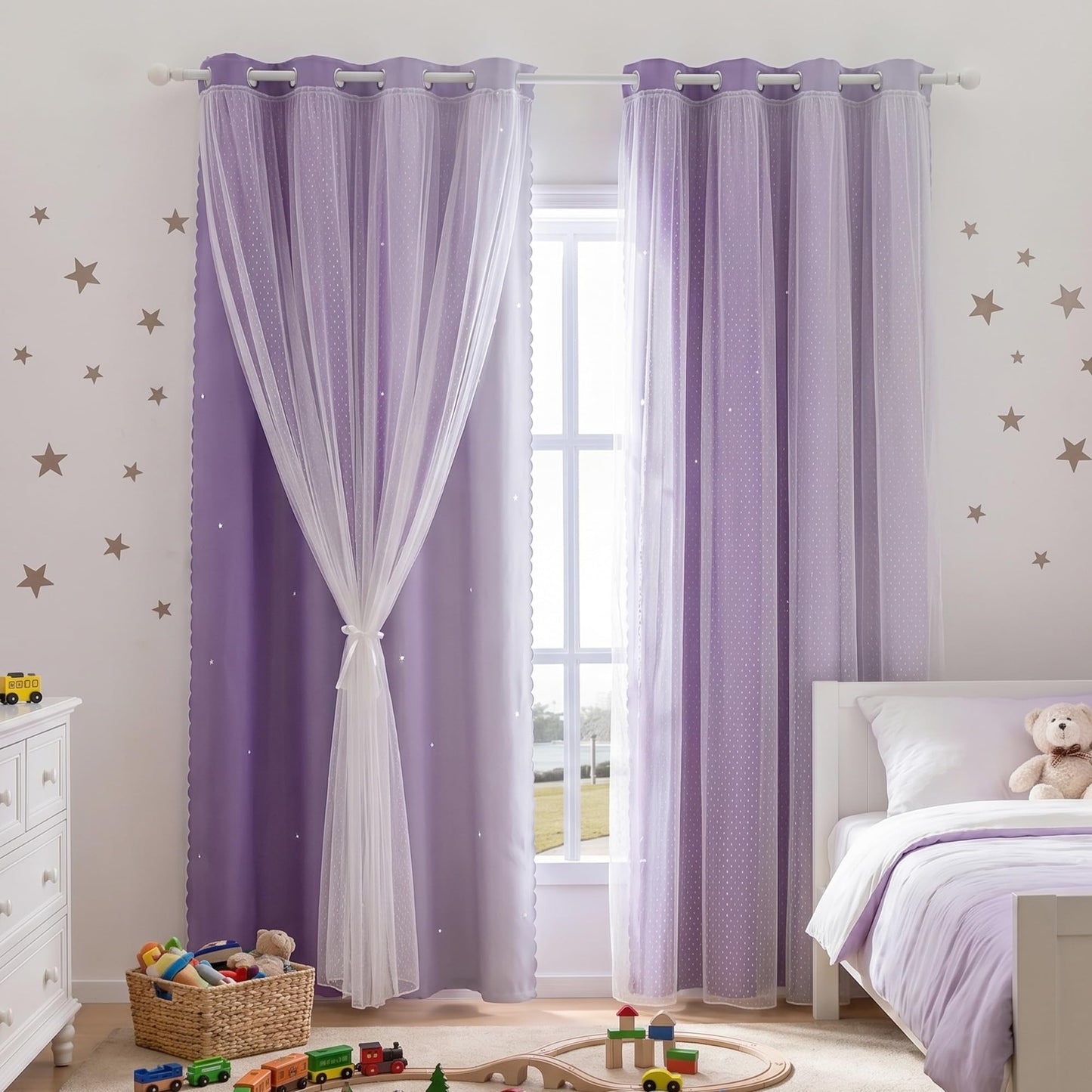 MYSKY HOME Kids Lilac Curtains for Girls Bedroom Decor 63 Inches Long Ombre for Kids Room Nursery, Thermal Insulated Blackout Star Cut Out Curtain Grommet Drapes, W52 x L63 Inches, 2 Panels