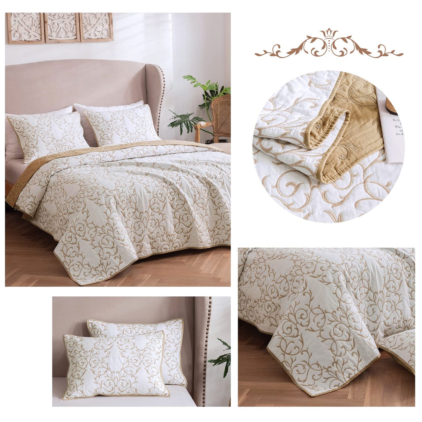 mixinni King Size Quilt Set 3-Piece, Cotton Blend Reversible Bedspread, Elegant Beige Embroidery Pattern Coverlet with 2 Decorative Pillow Shams, Soft All Season Bedding Set-King Size