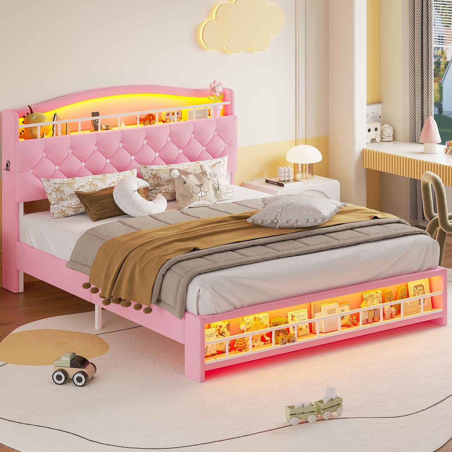 HAUOMS Full Bed Frame with LED Lights, Princess Velvet Upholstered Platform Bed for Girls, Headboard with Charging Station & Guardrail & Crystal Button, No Box Spring Needed, Pink