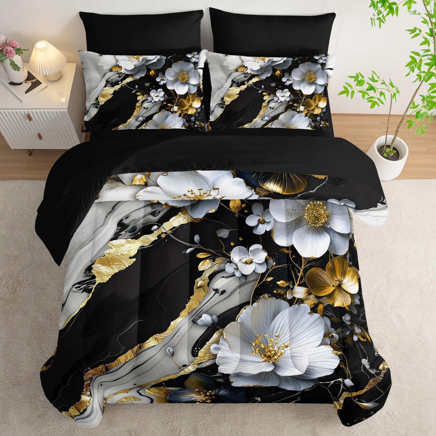 lneffble 7 Piece Marble Floral Comforter Set Queen,Black and White Marble Bedding Set,Black and Gold Marble Bedroom Decor,(1 Comforter, 1 Flat Sheet, 1 Fitted Sheet, 2 Pillowcase and 2 Pillow Sham)