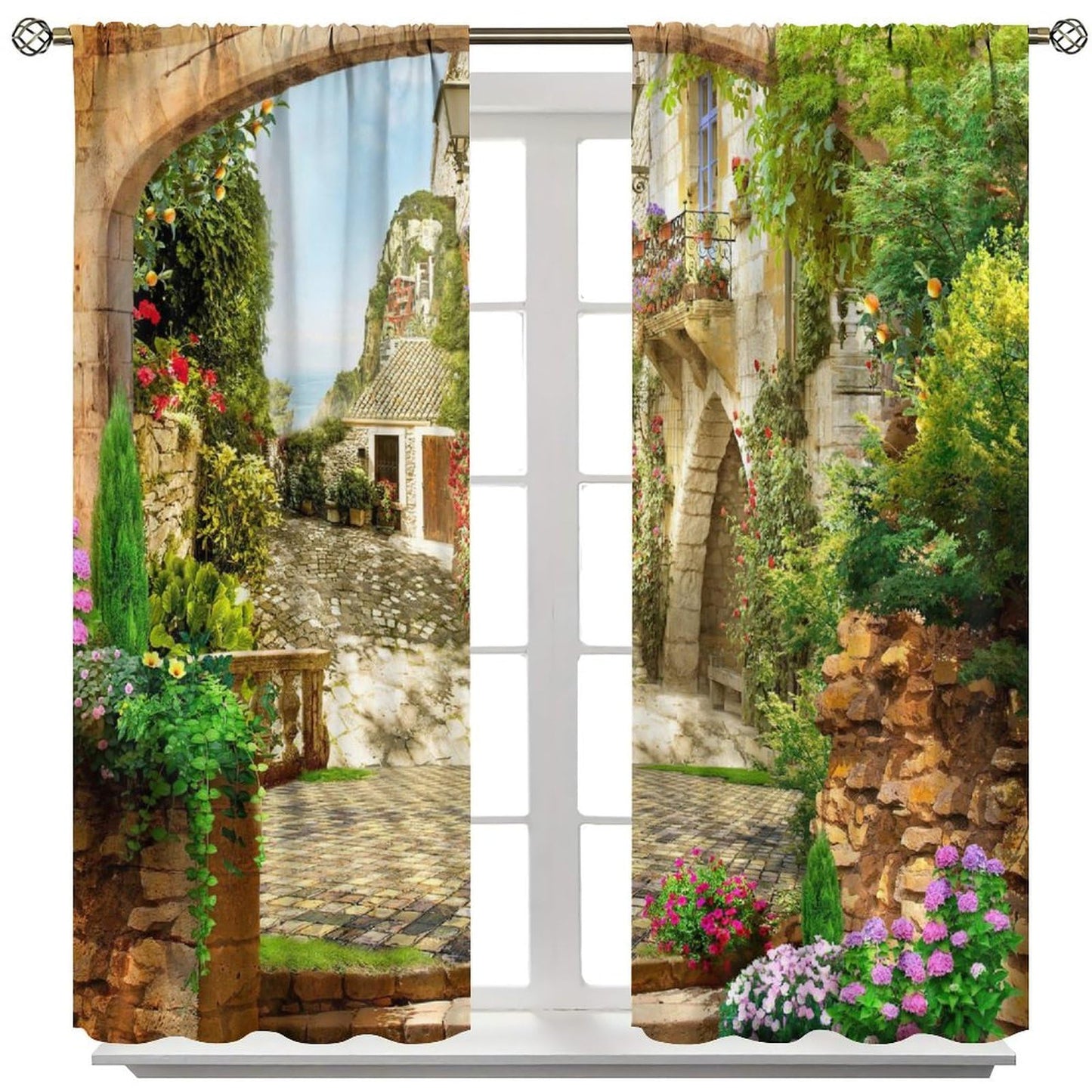 GoDazzling European Natural Landscape Curtains, Stone Arch Beautiful Italian Courtyard Rod Pocket Window Drapes, for Living Room Bedroom 41" W X 45" L (No Blackout)