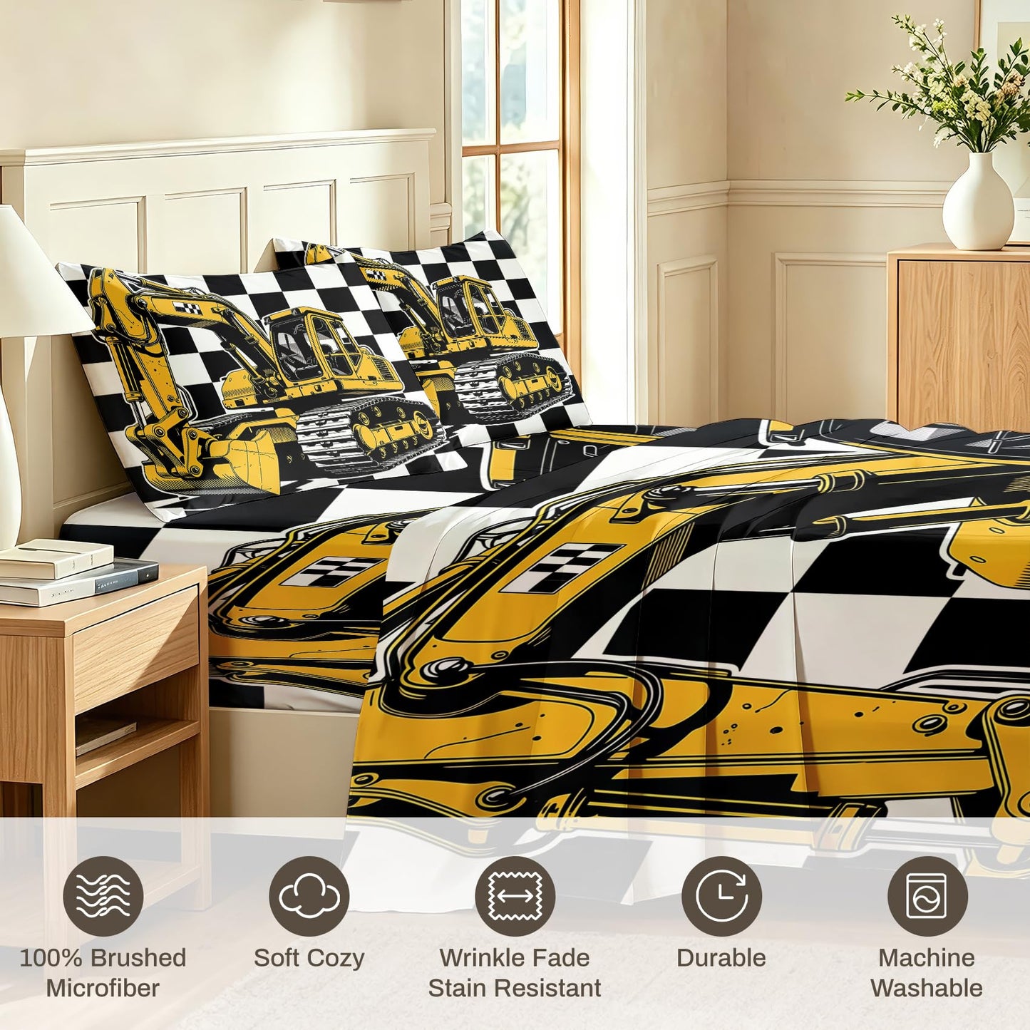 Excavator Bedding Set 4 Pcs Construction Vehicle Queen Sheets, White Orange