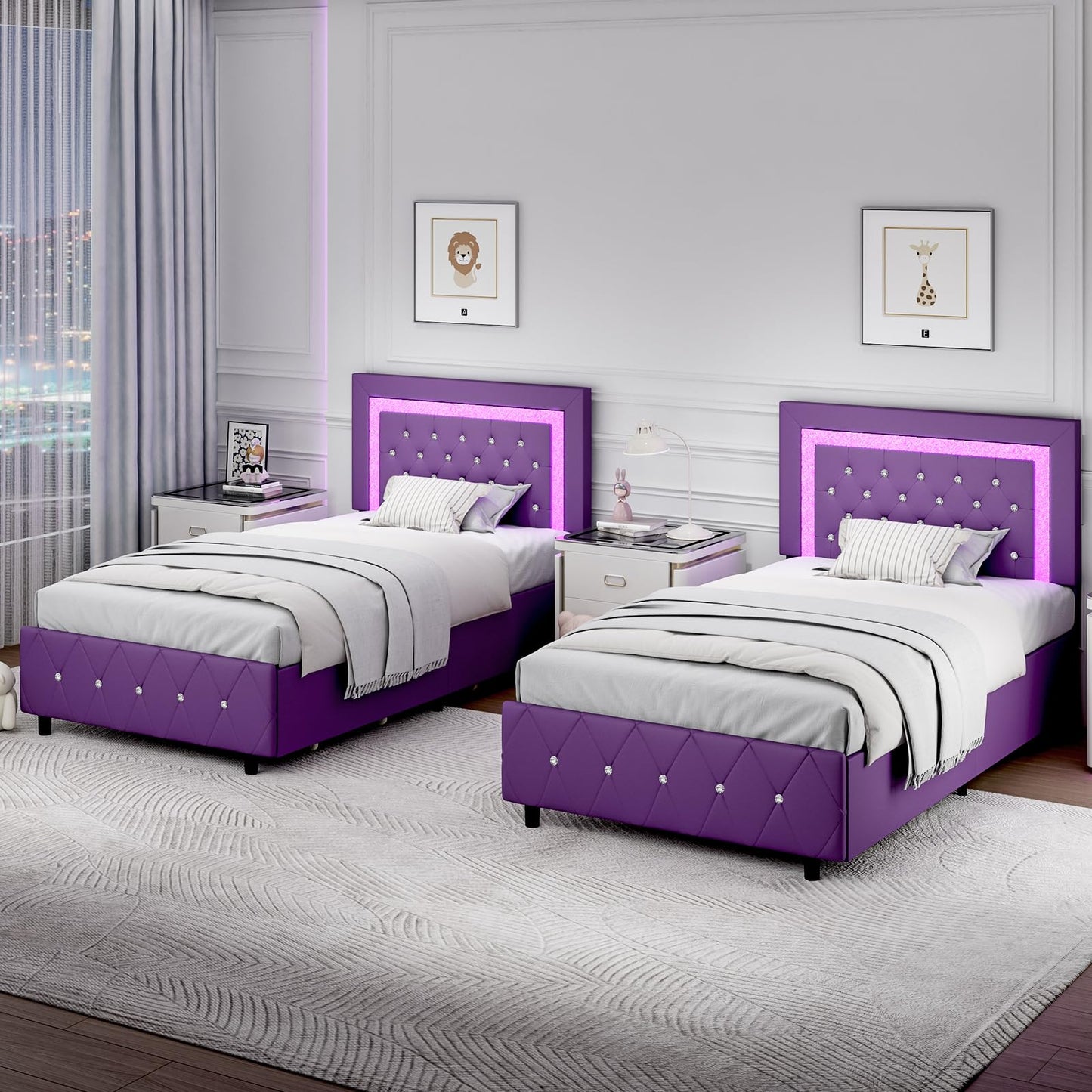 Twin Bed Frames with Storage Drawers and LED Lights, Upholstered Bed with Crystal Tufted Headboard, Princess Platform Bed with Wooden Slats Support, No Box Spring Needed, Purple