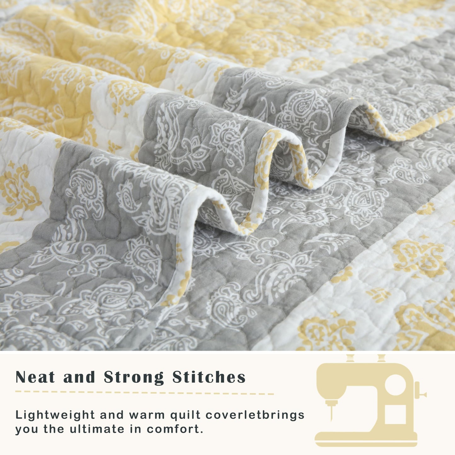 AJOCCI Yellow Quilts Queen Size, Paisley Comforter Set Queen Cotton Bed, Yellow Grey White Comforter, Striped Bedding Queen Size, Lightweight Luxury Bedspread,3 Piece