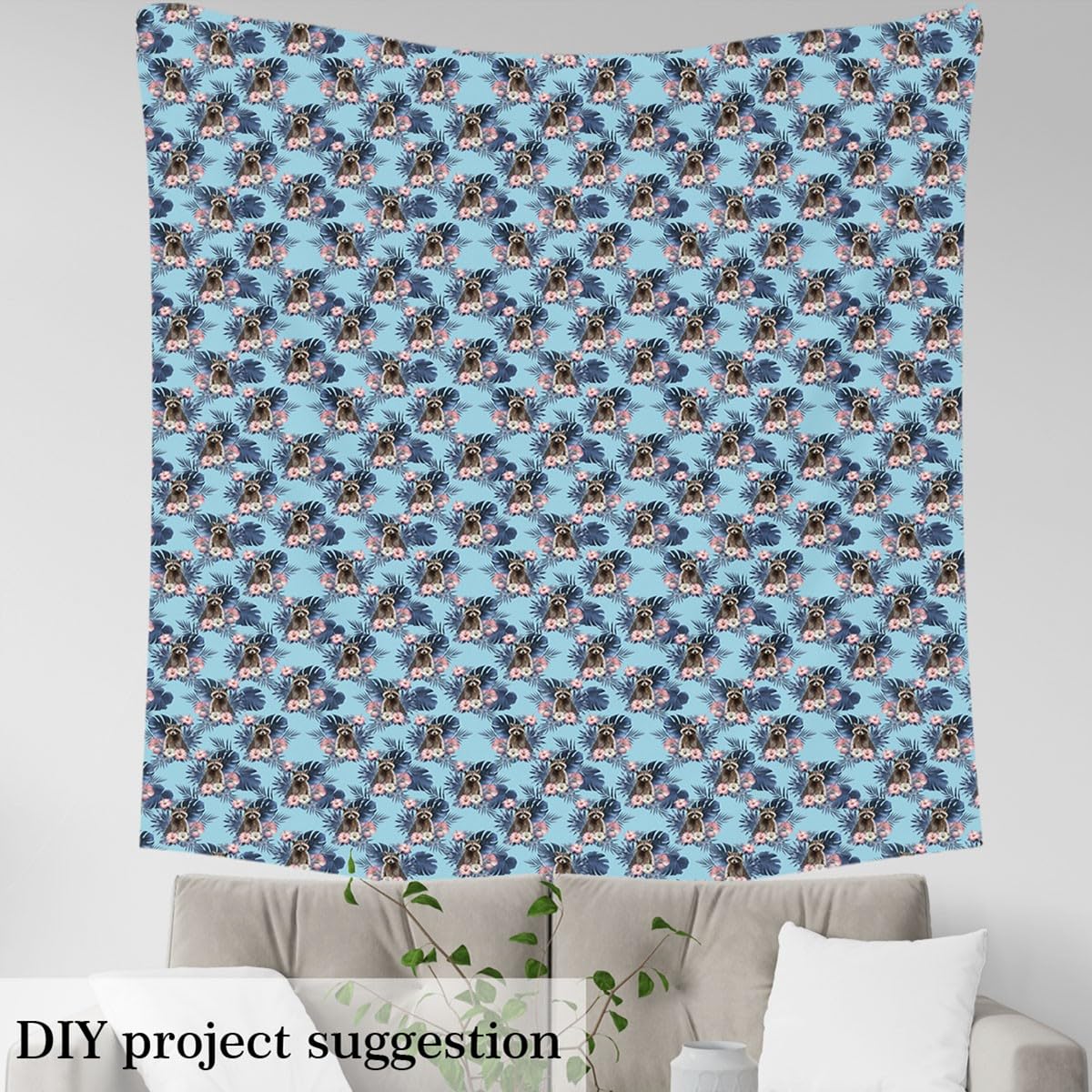 Cute Raccoon Fabric by The Yard Blue Palm Leaves Pink Flowers No Stretch Sewing Fabrics Lovely Wild Animals Tropical Plants Soft Flannel Polyester Fabric for DIY Home Accents 1 Yard Pre-Cut,36"x59"