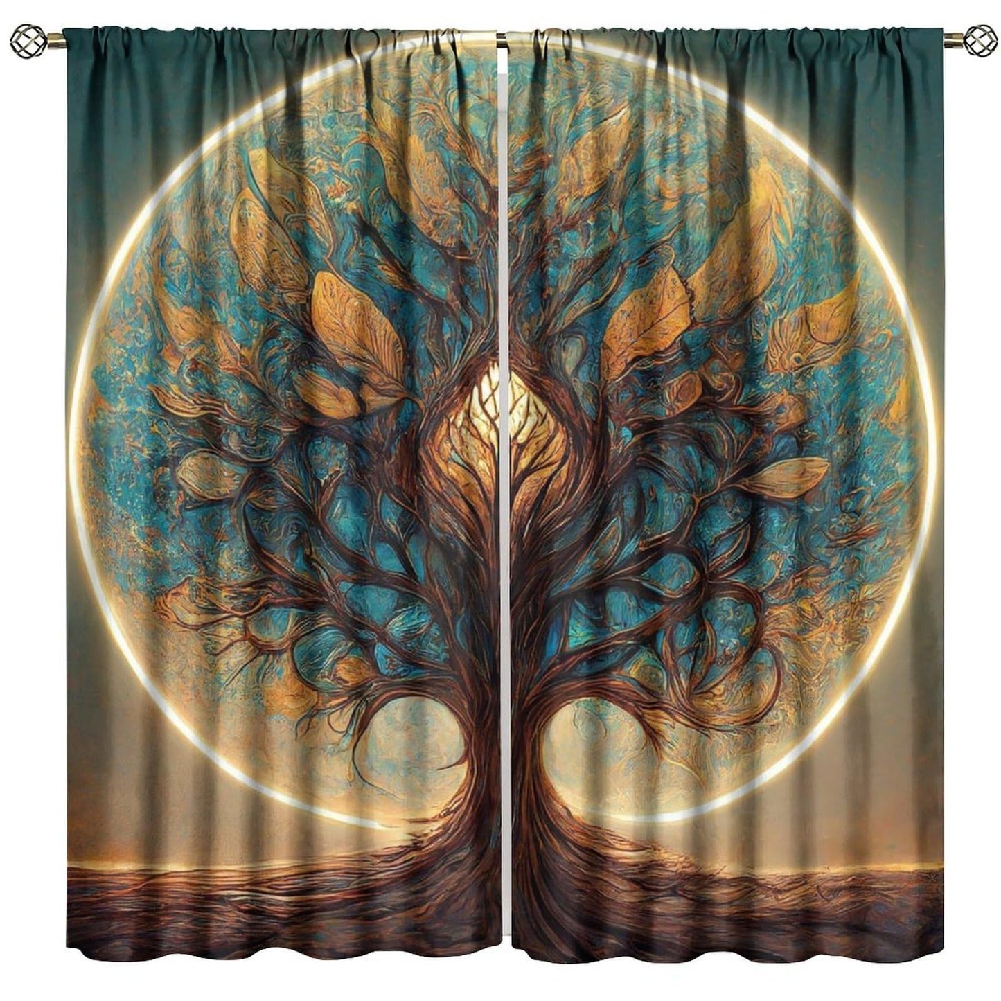 HZOHNAGO Tree of Life Curtains Retro Vibrant Forest Golden Tree Pattern Decor Print Rod Pocket Window Drapes for Bedroom Living Room 42x45in