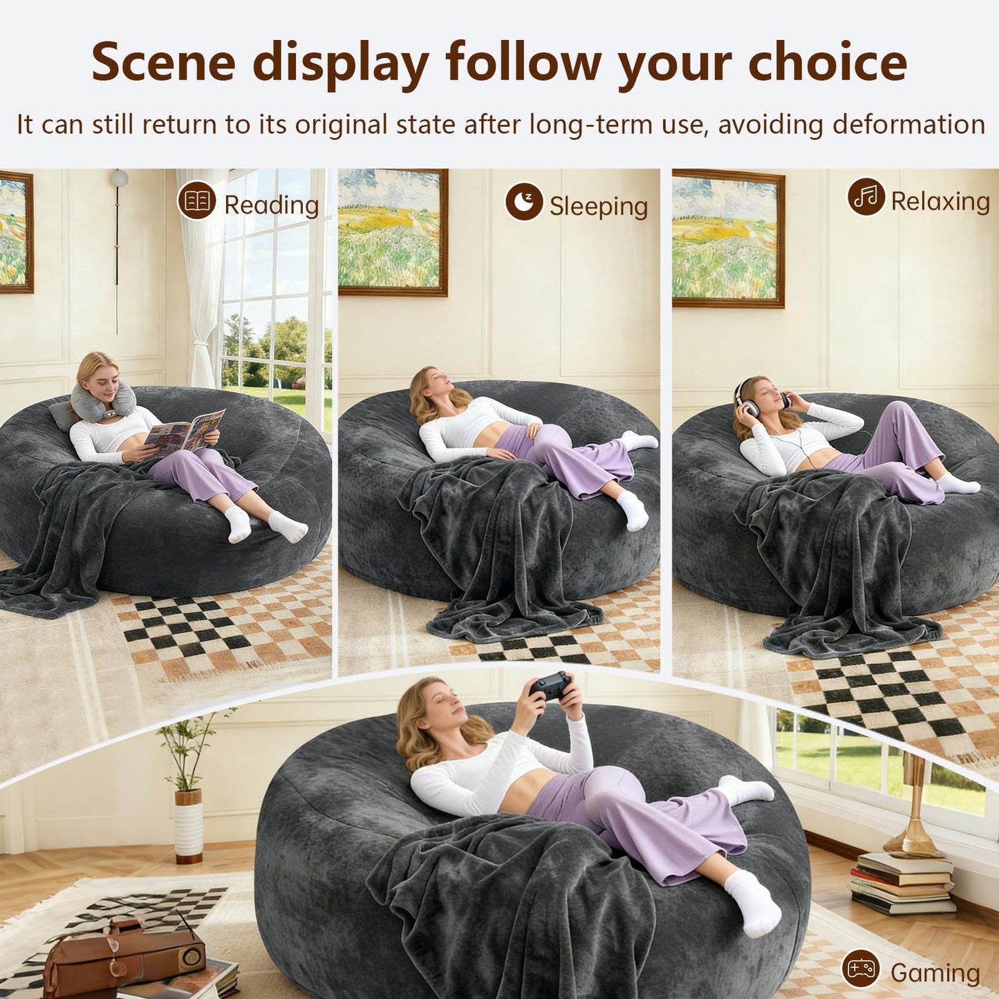 Big Bean Bag Chairs for Adults ,6FT Bean Bag Chair with Filler Memory Foam Chair Super Soft Plush, Living Room Furniture, Suitable for bedrooms, Comfy Lounge Reading Chairs